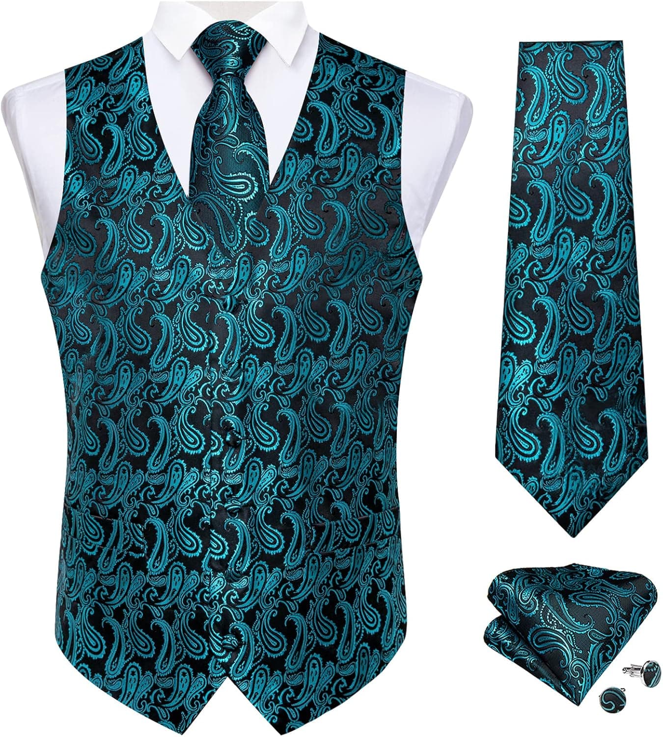 DiBanGu Mens Wedding Paisley Suit Vest, Waistcoat Necktie and Pocket Square Cufflinks Big and Tall