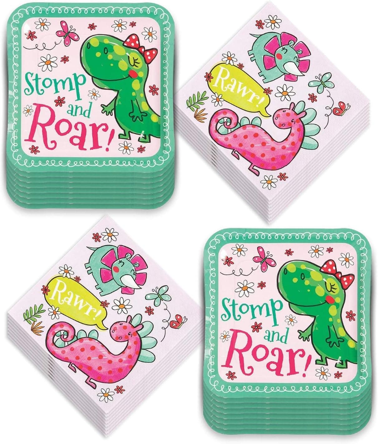 Girl Dino Pink Dinosaur Birthday Party Supplies Paper Dinner Plates and Luncheon Napkins (Serves 16)