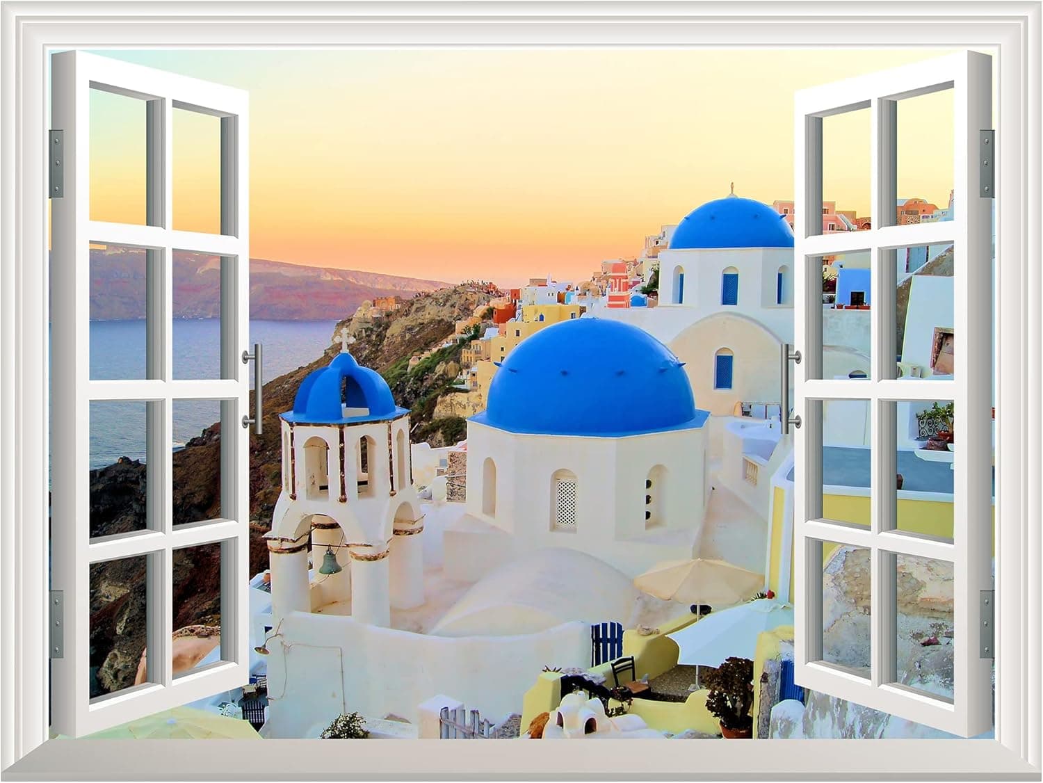 wall26 Removable Wall Sticker/Wall Mural - Sunset View of The Blue Dome Churches of Santorini, Greece-Creative Window View Home Decor/Wall Decor - 24 inchx32 inch