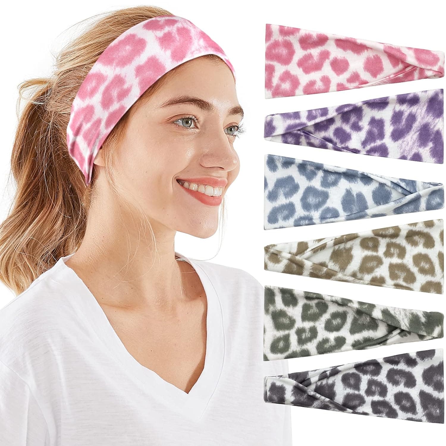 OFFTESTY Headbands For Women, 6 PCS Wide Boho Headbands Elastic Bandana Non Slip Sweat Fashion Large Headwraps Hair Bands Headwear fit All Head Sizes for Workout,Sports,Running,Yoga