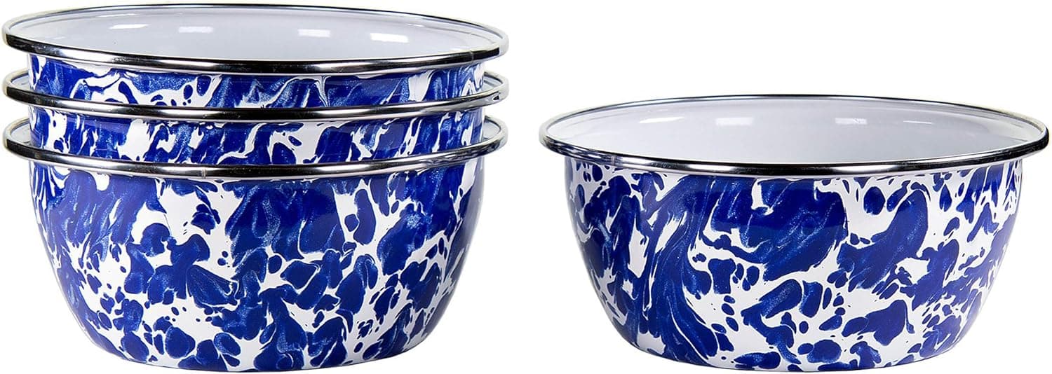 Golden Rabbit Enamelware - Cobalt Swirl Pattern - Set of 4-3cup Salad Bowls