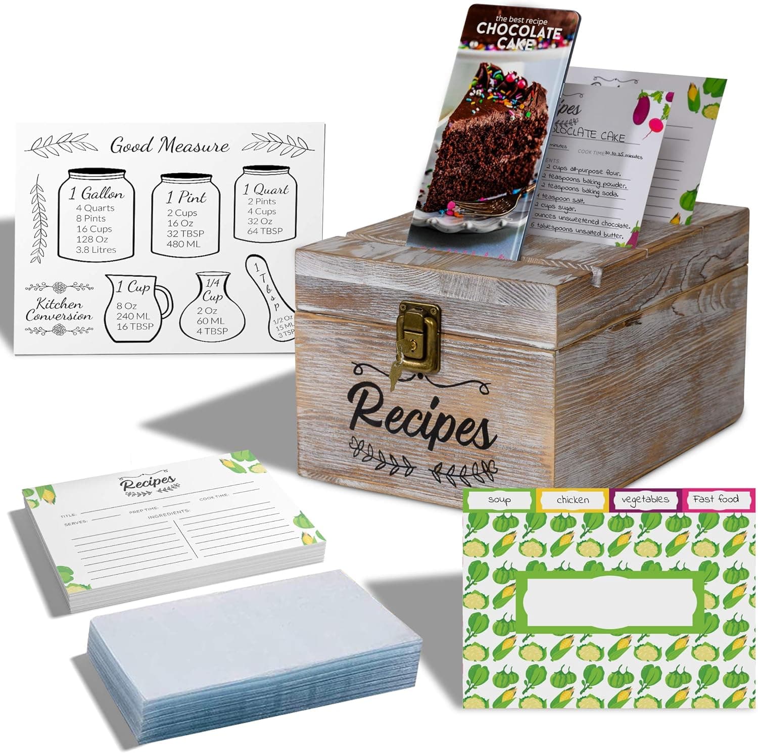 Pinelive Recipe Box – 6.8 x 5.5 x 9.7 Inches Pine Wood Recipe Organizer with 100 Recipe Cards, Card Protectors, Dividers, 3 Top Slots – Rustic White Design – Lock and Key – 500 Recipes Capacity
