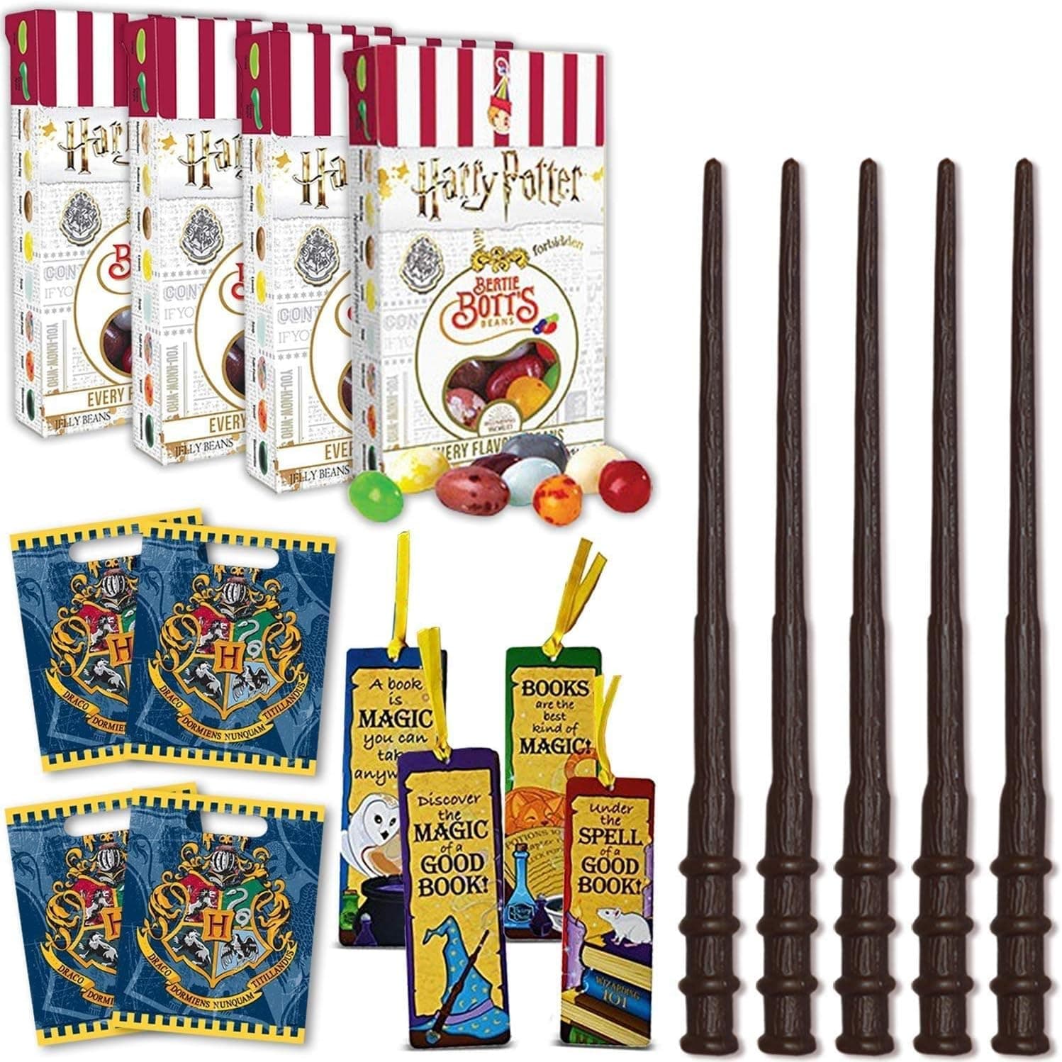 Wizard Party Favors - 24 Boxes Harry Potter Bertie Botts Every Flavour Beans, 24 Wands, 48 Bookmarks (4 styles), 24 Loot Bags - Great for Birthday and Theme Party Prizes, Handouts & Gifts