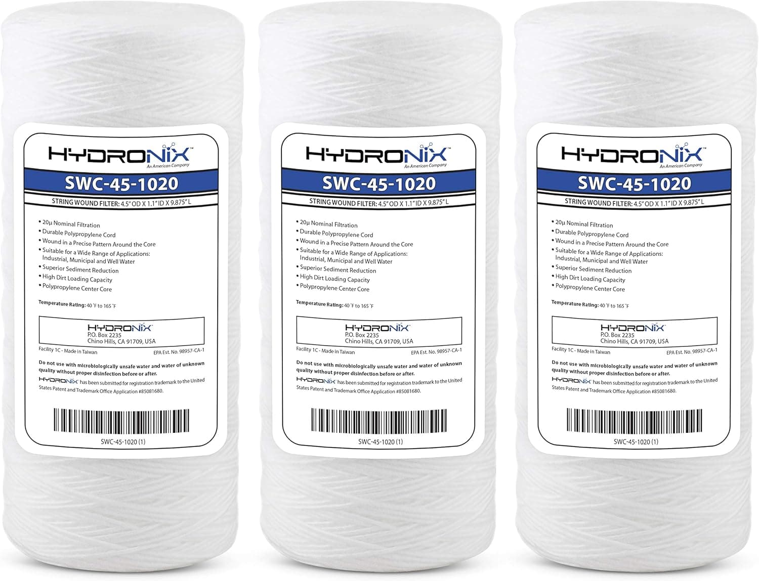 Hydronix HX-SWC-45-1020/3 Universal Whole House Sediment String Wound Water Filter Cartridge 4.5" x 10"-20 Micron-3 Pack, White