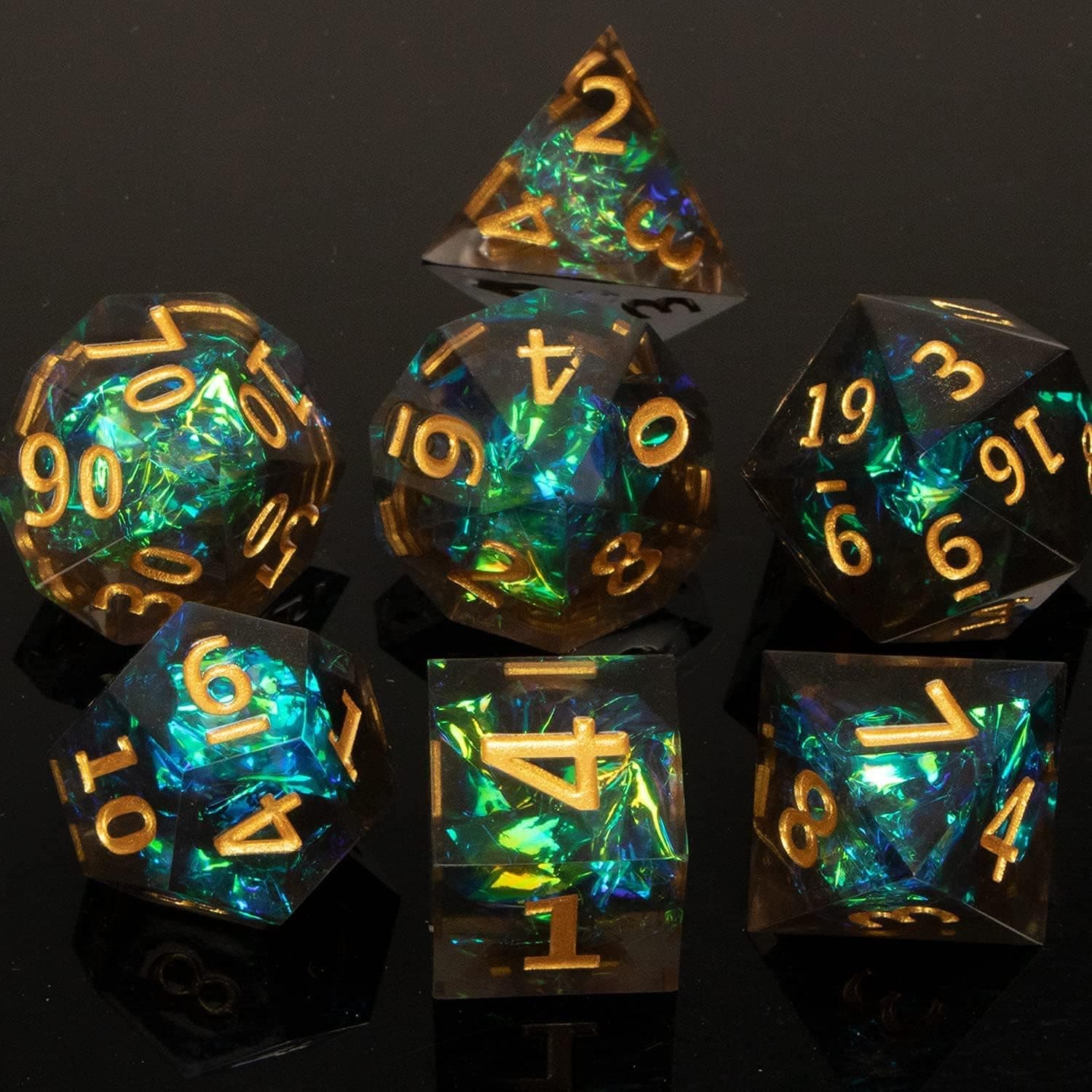 Sharp DND Dice Set, HNCCESG Polyhedral Dice Set 7 Piece Resin Dice Suitable for Dungeons and Dragons RPG MTG Table Games D&D Pathfinder Shadowrun Role Playing Dice (Sapphire Blue Green-V)