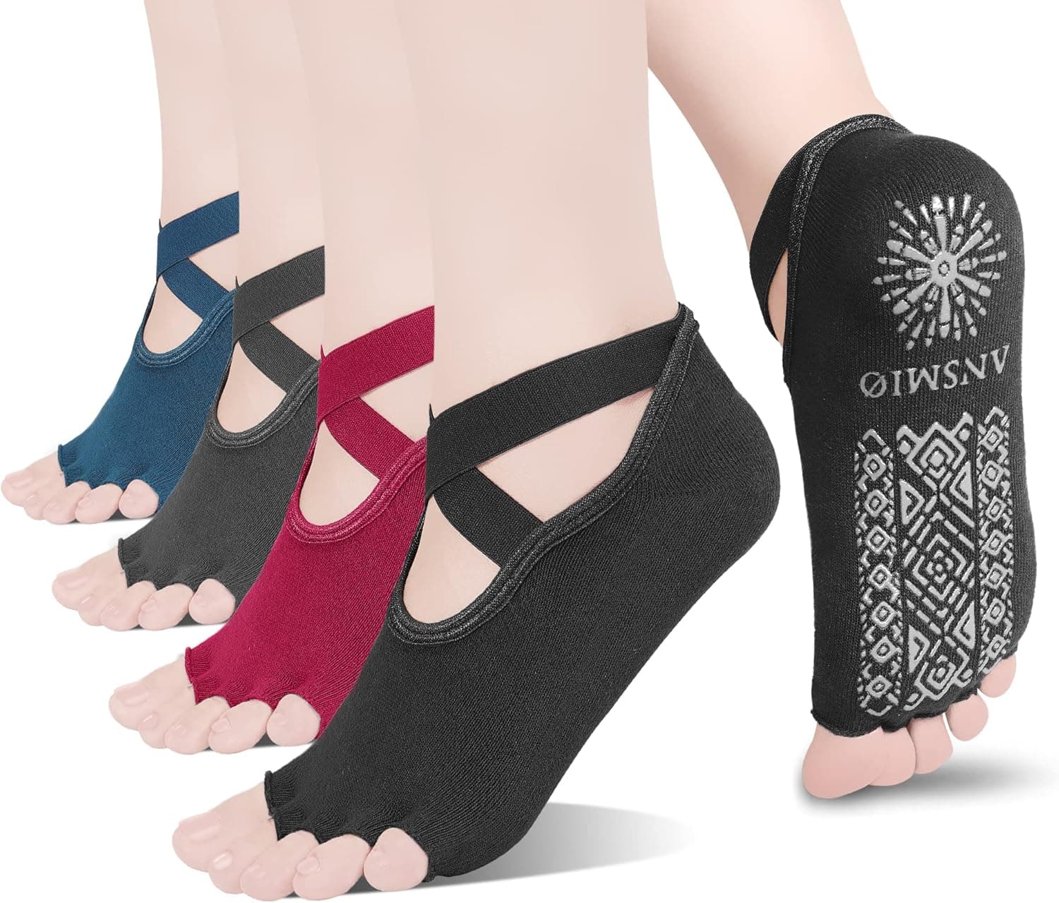ANSMIO Five-Toe Pilates Socks for Women Non-Slip Grip Yoga Socks Ideal for Pilates, Barre, Ballet, Fitness