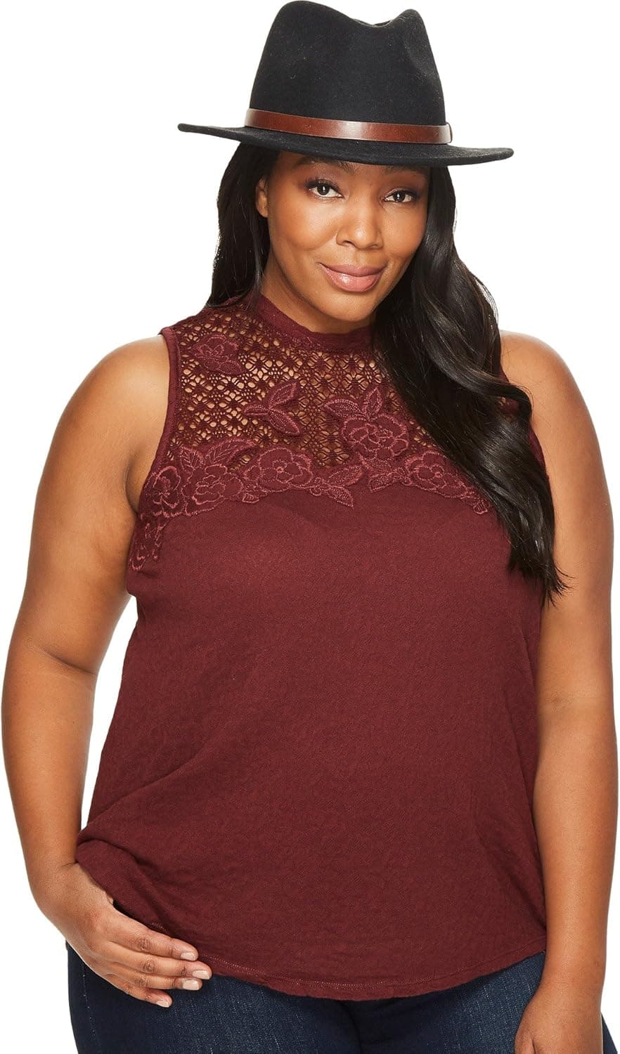 Lucky Brand Women's Plus Size Lace Mock Neck Top
