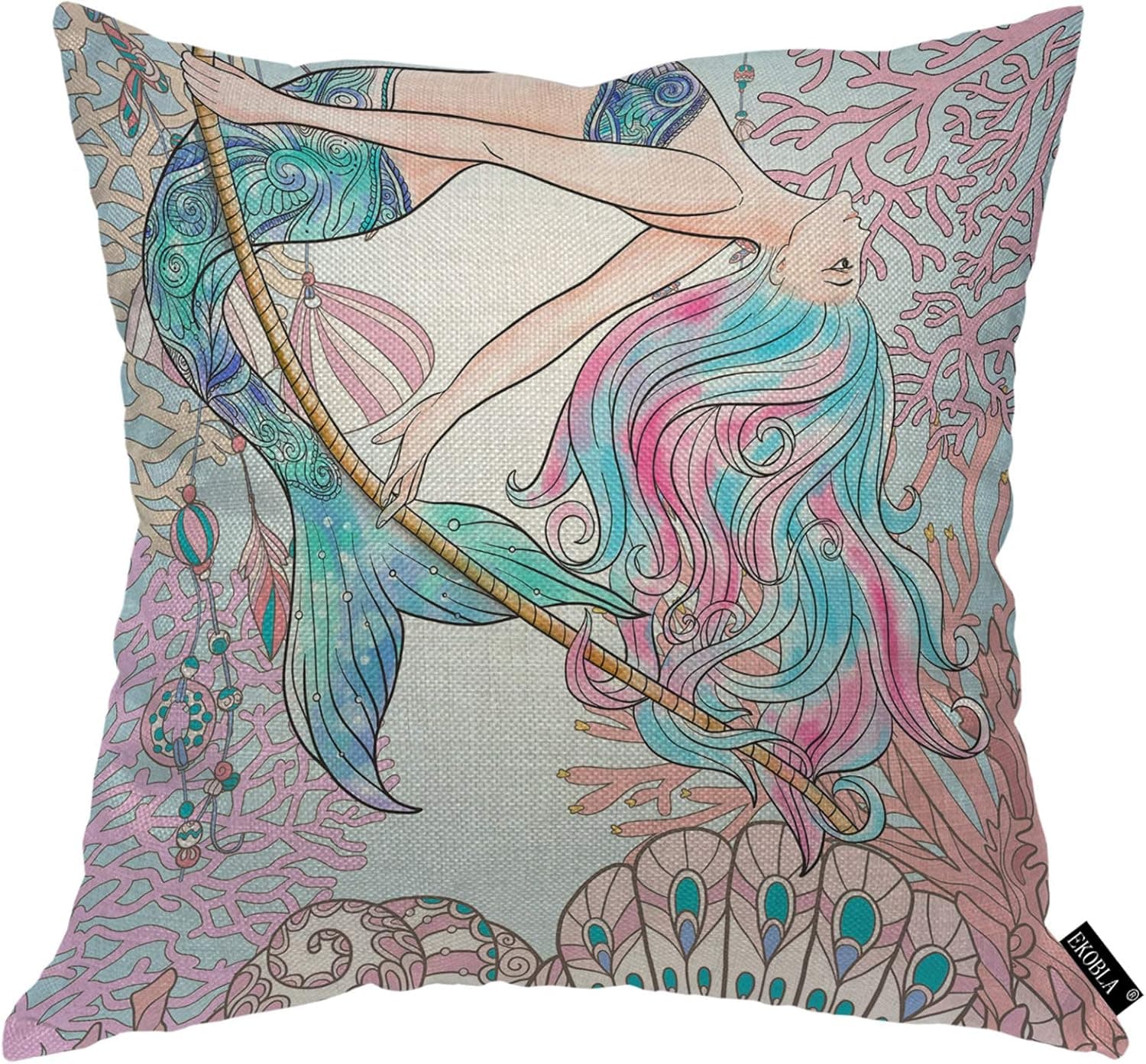 EKOBLA Mermaid Throw Pillow Cover Colorful Underwater Corals Beautiful Cartoon Fairy Tale Shell Conch Cozy Square Cushion Case for Men Women Boys Girls Room Home Decor Cotton Linen 18x18 Inch