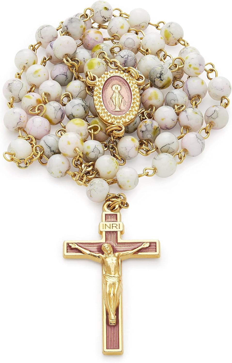 Mondo Cattolico Miraculous Virgin Rosary in Pink Variegated Glass on a Gold Plated Brass Chain.