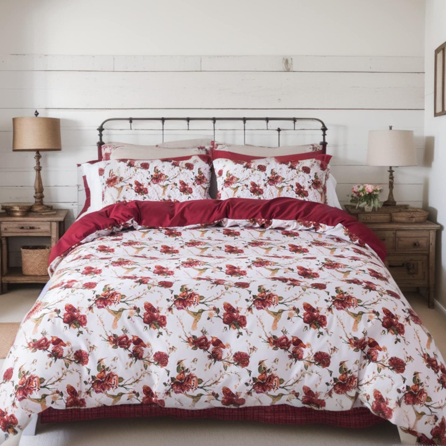 Tache Floral Duvet Cover King Hummingbirds Burgundy Red Ivory Antique Vintage Farmhouse Spring Country Rustic Microfiber Reversible Rose Garden Duvet Cover King