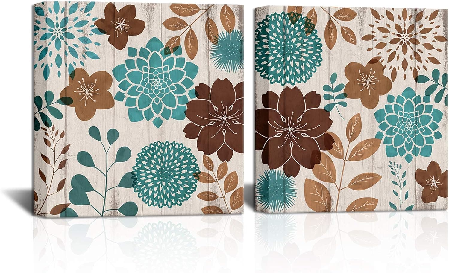 SkenoArt Boho Canvas Wall Art Flower Leaf Picture Print Teal and Brown Painting Rustic Wall Decoration Turquoise Floral Artwork for Kids Bedroom Bathroom Living Room Gift 24"x24"x2PCS