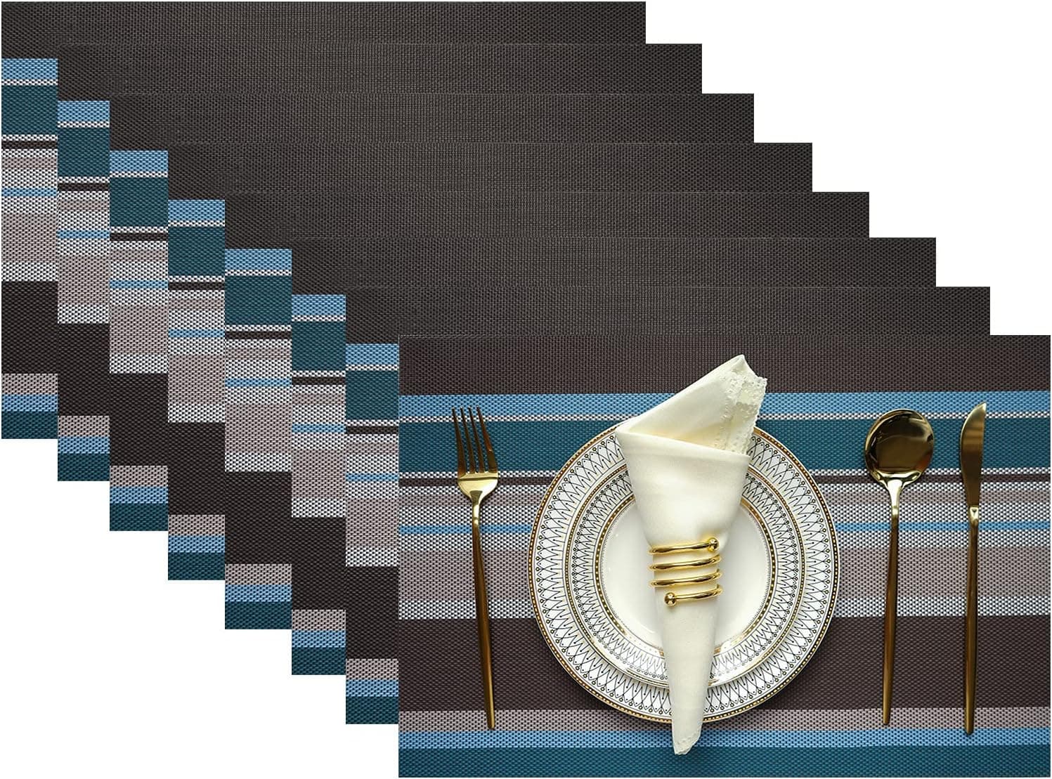 ACWARM HOME Placemats Set of 8 , Table Mats for Dining Kitchen Table, Vinyl Non-Slip Washable PVC Heat Resistant Woven Place Mats (Multicolor Stripes)