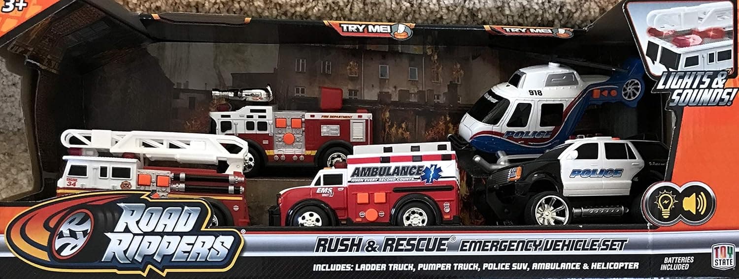 Road Rippers RUSH & RESCUE EMERGENCY VEHICLES Set w LIGHTS & SOUNDS & 5 Vehicles (FIRE TRUCK w LADDERS, Fire PUMPER TRUCK, AMBULANCE, HELICOPTER & POLICE SUV (2015)