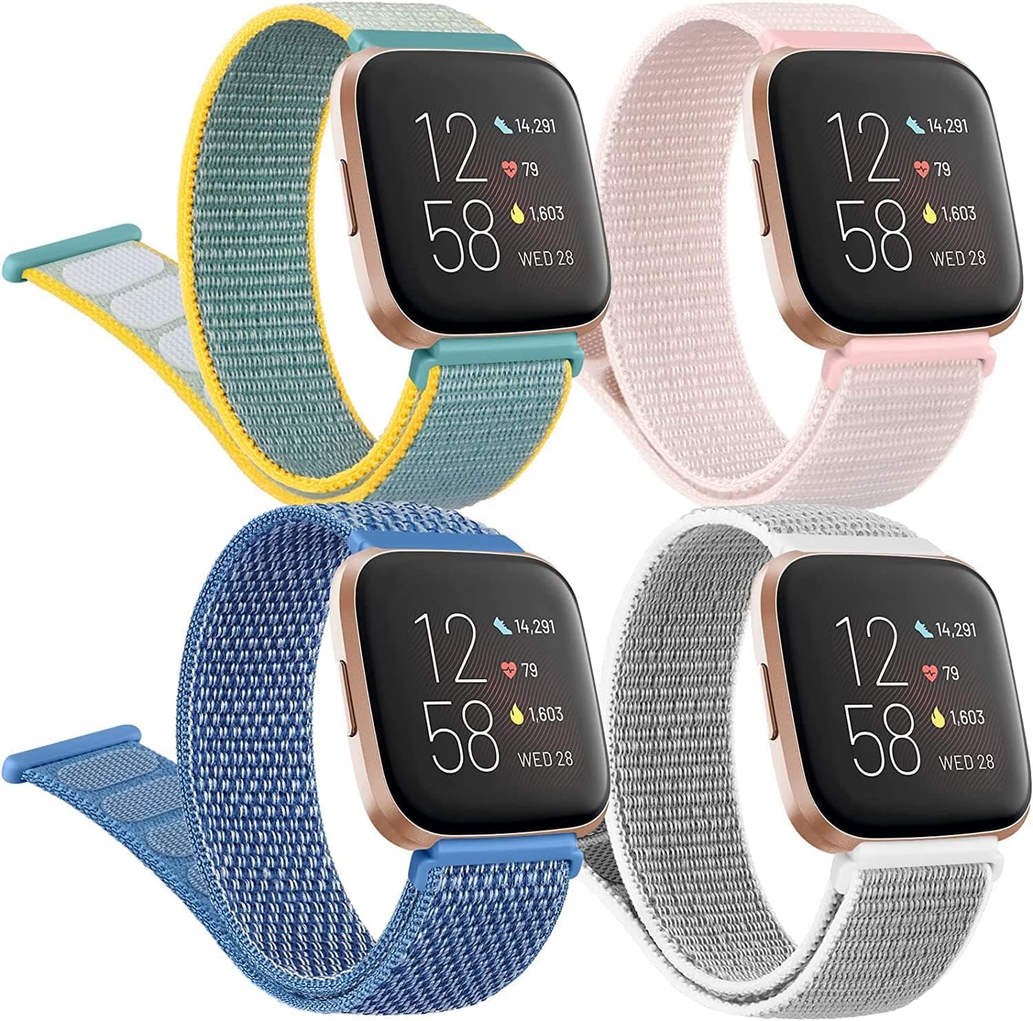 4 Pack Nylon Bands for Fitbit Versa 2 Bands/Fitbit Versa/Versa Lite/Versa SE for Women Men, Soft Breathable Sport Replacement Wristbands for Fitbit Versa 2