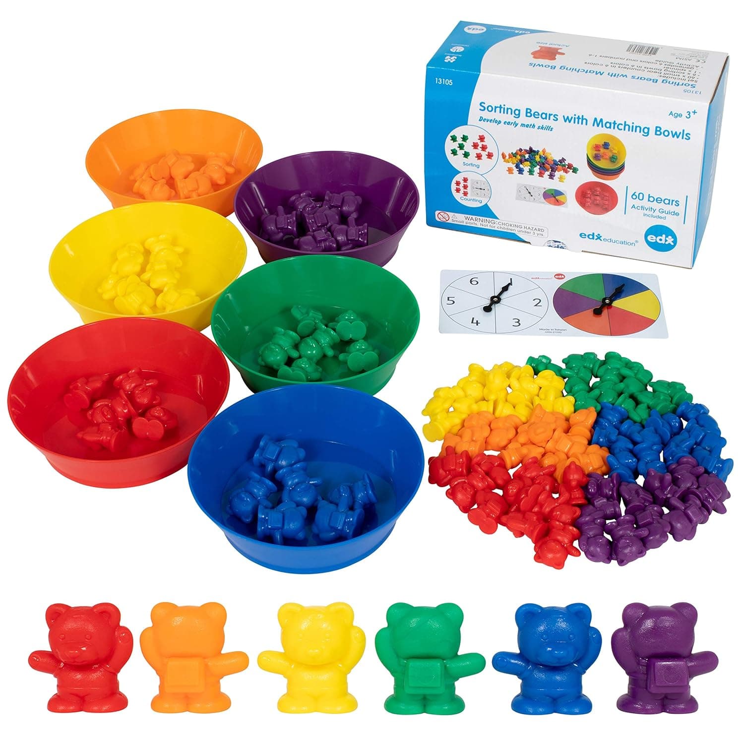 edxeducation Counting Bears with Matching Bowls - Early Math Manipulatives - 68pc Set - 60 Bear Counters, 6 Bowls & 2 Game Spinners - Home Learning
