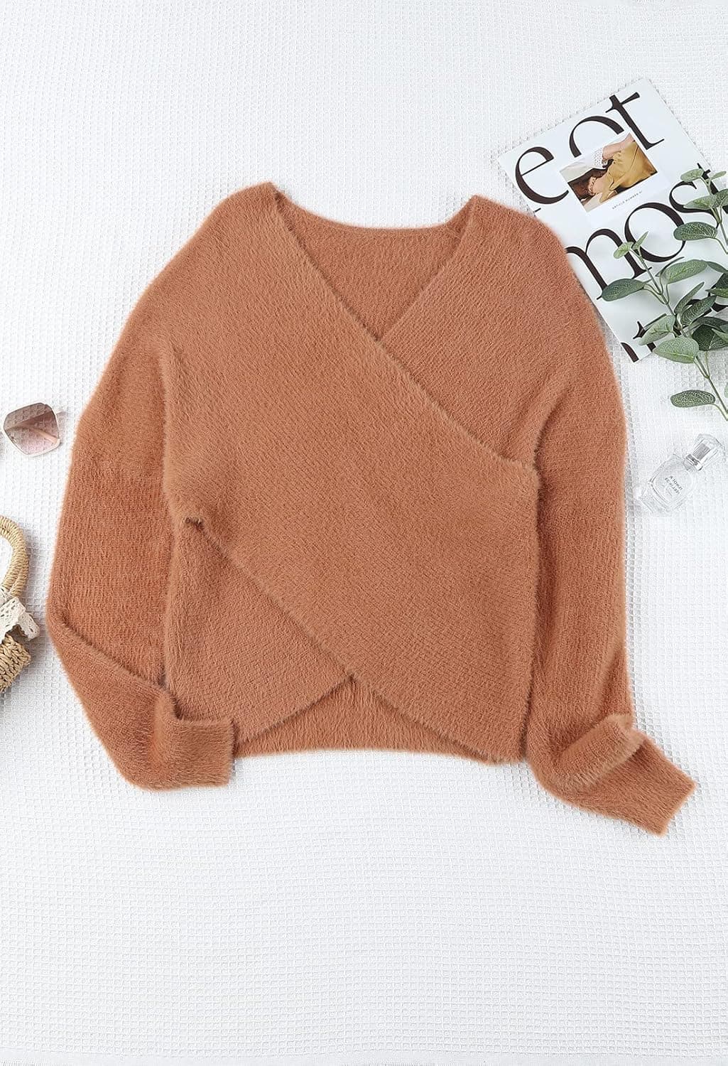 Womens Fall Fuzzy V Neck Long Sleeve Wrap Crop Top Sweater Knitted Pullovers (Medium, Wine Red -011)