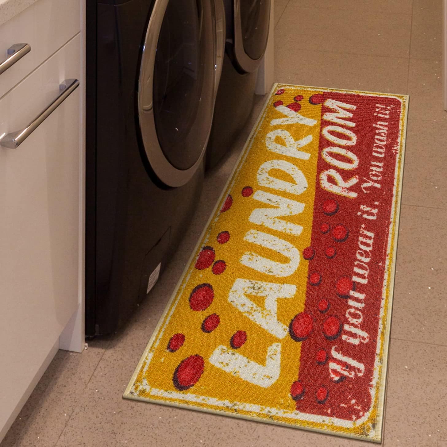 Machine Washable Bubbles Design Laundry Room Rug Non-Slip Rubberback 2x5 Laundry Runner Rug for Laundry Room, Bathroom, Washroom, 20" x 59", Red/Yellow