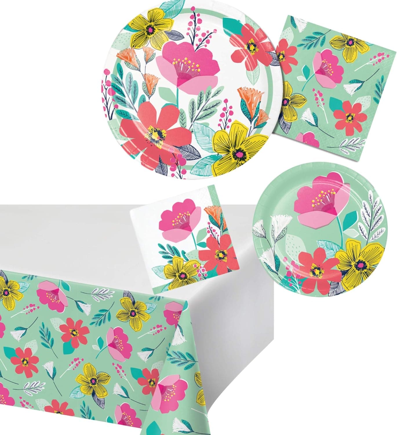 Contemporary Floral Themed Party Supplies for 16 People | Bundle Includes Paper Plates Napkins and Tablecover