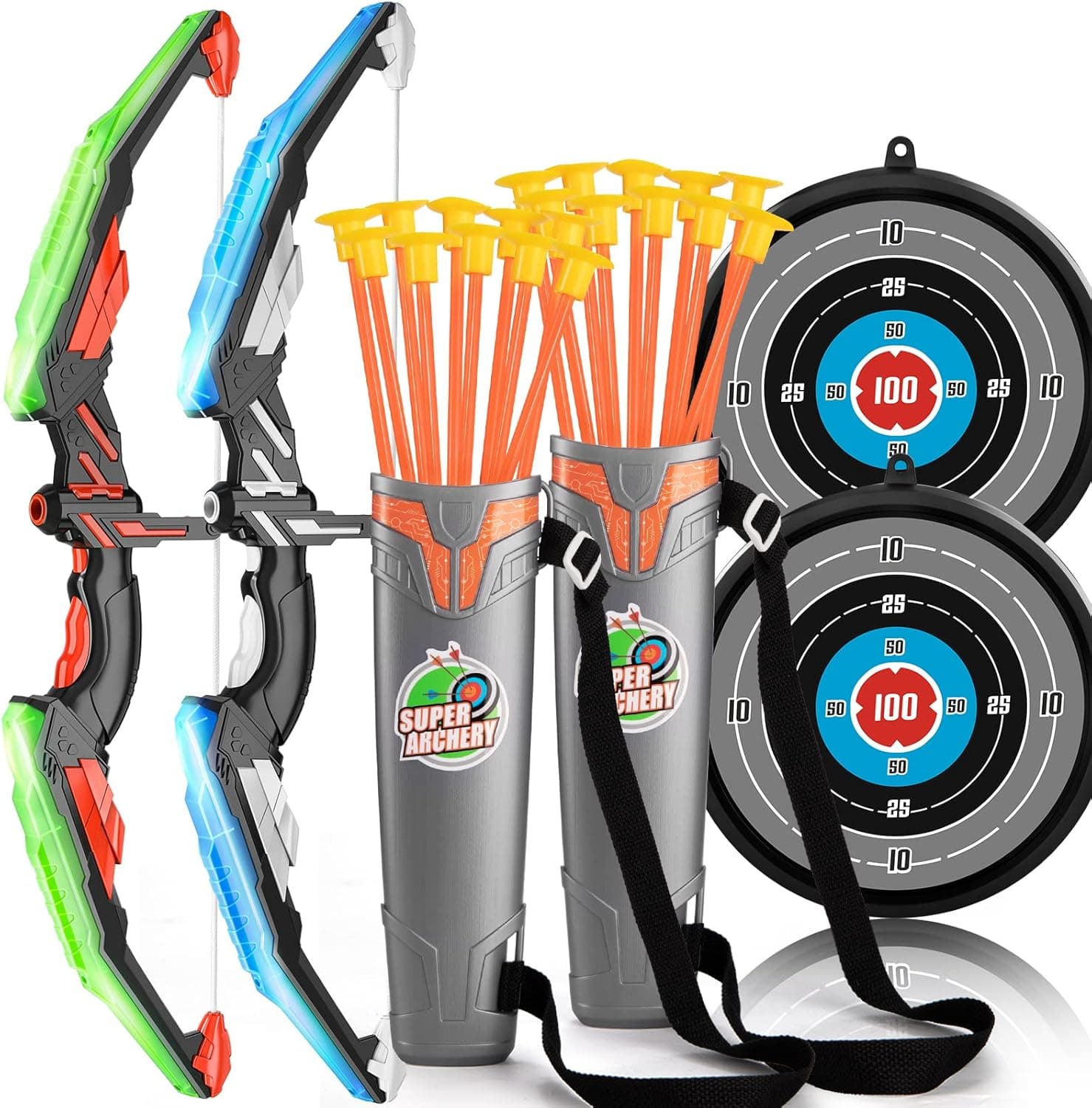 2 Pack Set Bow and Arrow Archery Toy Set for Kids, LED Light Up Archery Set with 2 Bow 20 Suction Cup Arrows 2 Target & 2 Quiver, Outdoor Toys Archery Set for Kids Boys & Girls Ages 3-12 Years Old