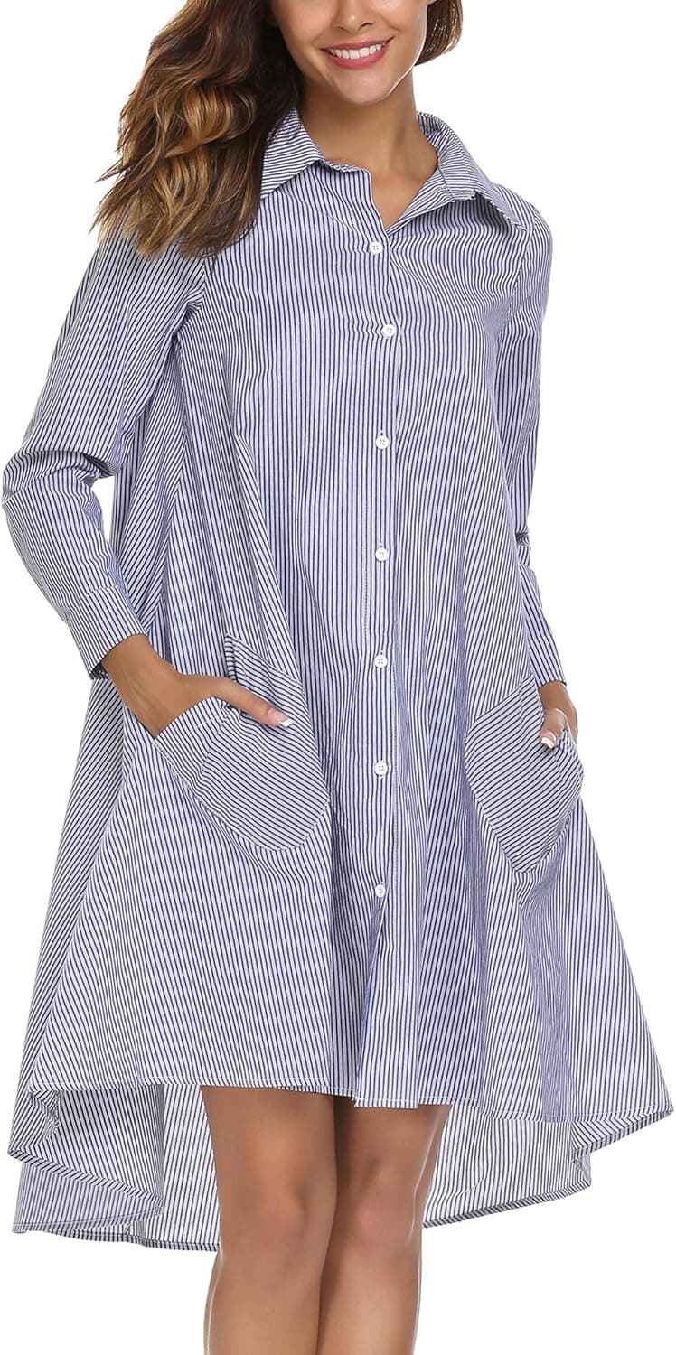 Zeagoo Women's V-Neck Stripes Long Sleeve High-Low Straight Dress, Blue, Large