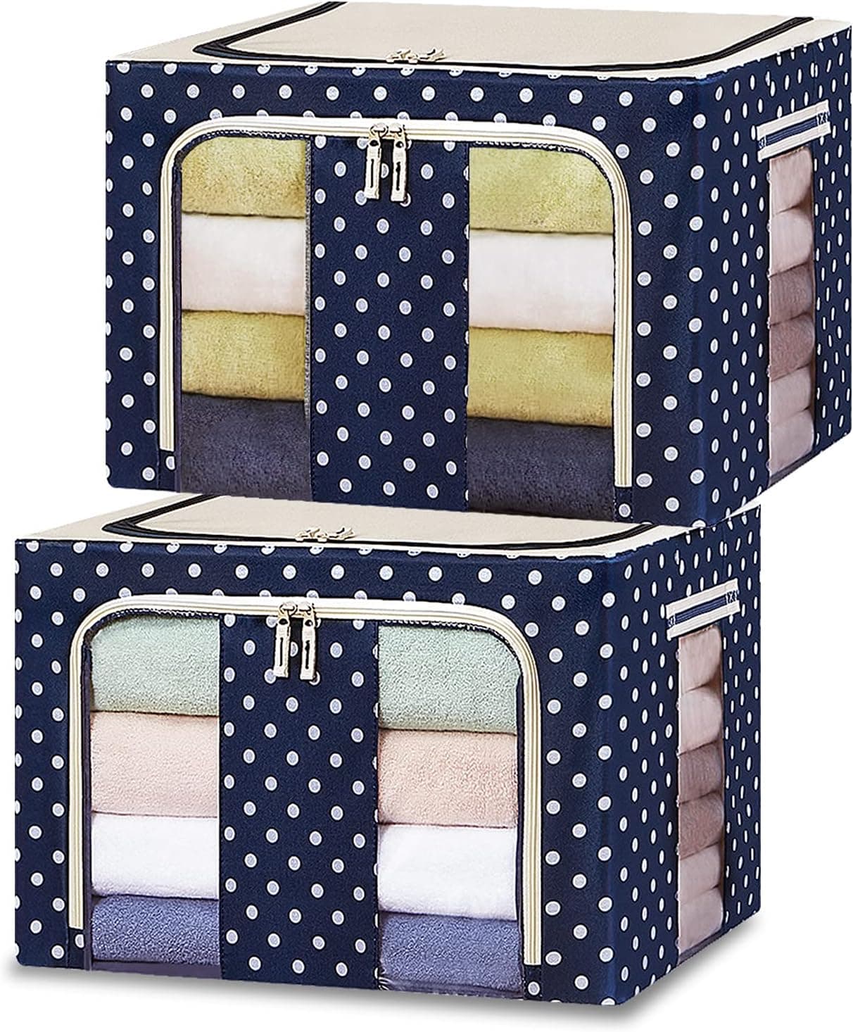 Foldable Clothes Storage Organizer Bins - Waterproof Storage Bags With Steel Frame, Large Containers for Clothing Comforter Bedding Blanket, Reinforced Handle & Clear Window, Blue, 2 pack 66L