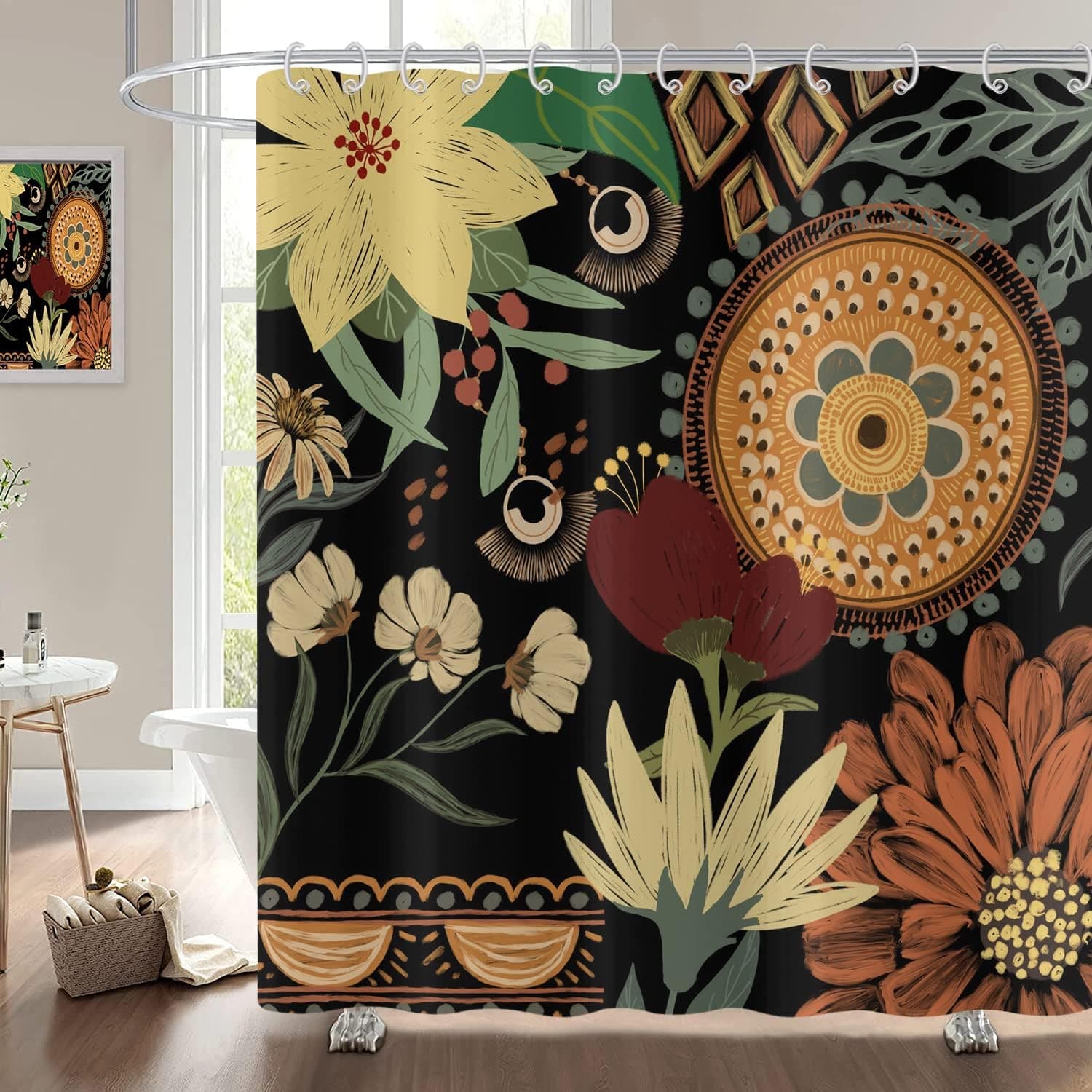 ASDCXZ Black Boho Shower Curtain, Abstract Floral Plant Bohomian Modern Shower Curtain Waterproof Polyester Weighted Hem Bathroom Decor with Hooks