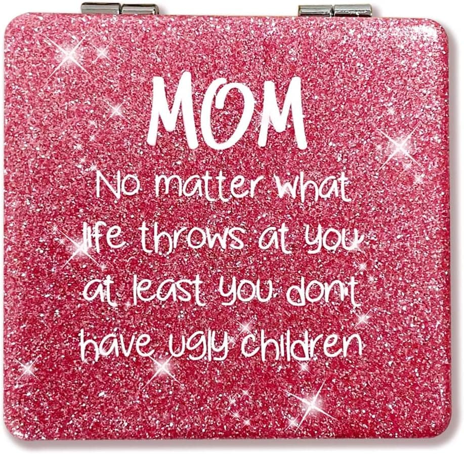 Mothers Day Mom Gifts Mirror, Compact Makeup Mirror Unique Gift for Mothers Day, Pink Glitter PU 1X/2X Magnification, Ultra Portable Pocket for Purses(Pink Square)