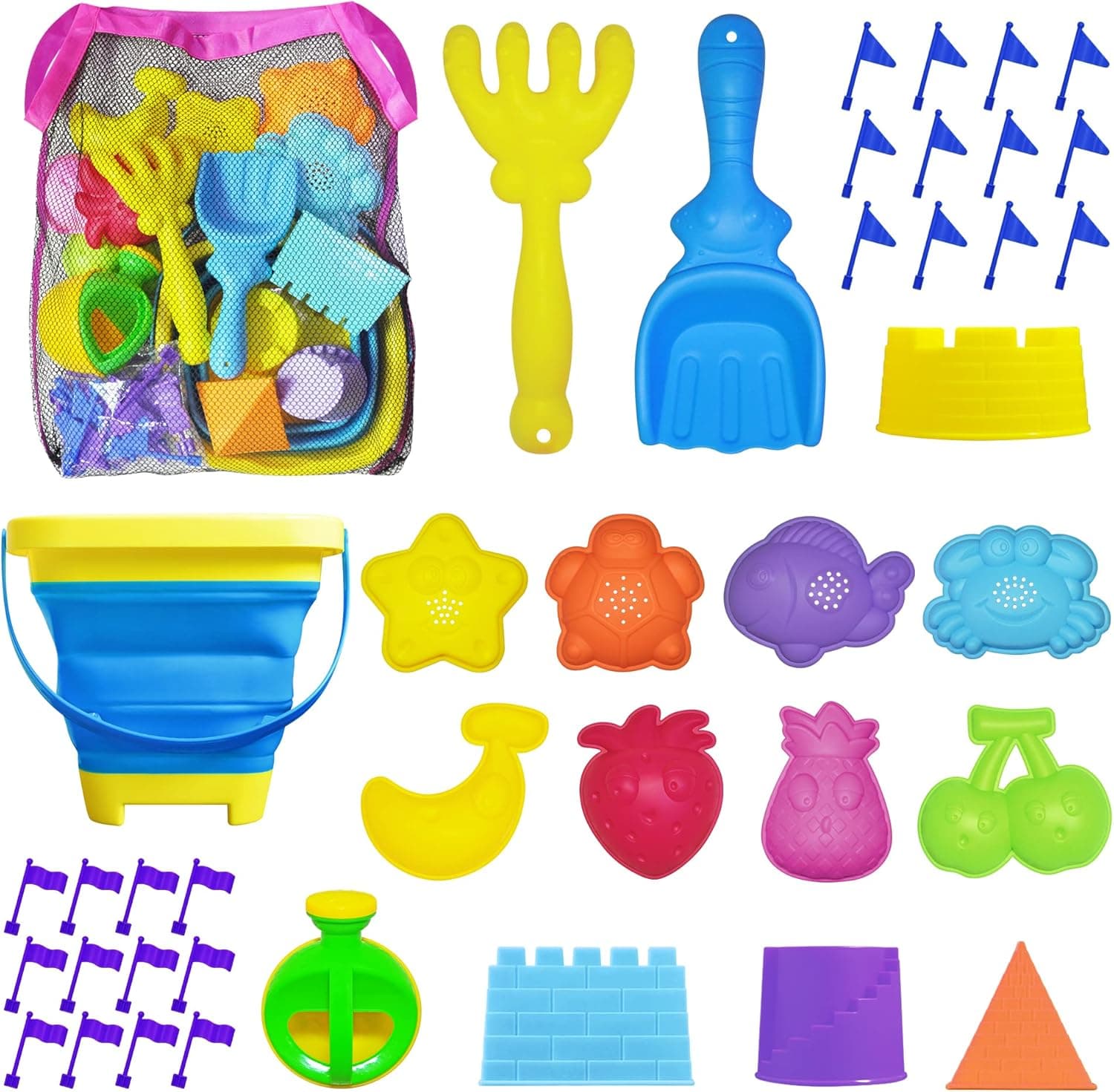 41 PCS Beach Toys for Kids Age 3-10, Sand Toys Collapsible Sand Bucket and Shovels Set with Mesh Bag, Flags, Sand Molds, Sandbox Toy for Toddlers, Christmas Birthday Gift Ideas for Kid Girls & Boys