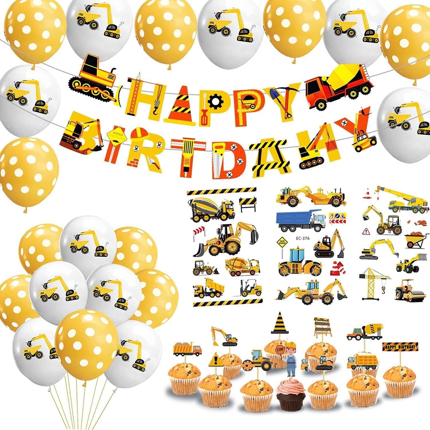 SHX 36 PCS Construction Birthday Party Supplies, Car Birthday Party Decorations with Temporary Tattoos for Kids, Construction Balloons, Construction Happy Birthday Banner and Cake Toppers