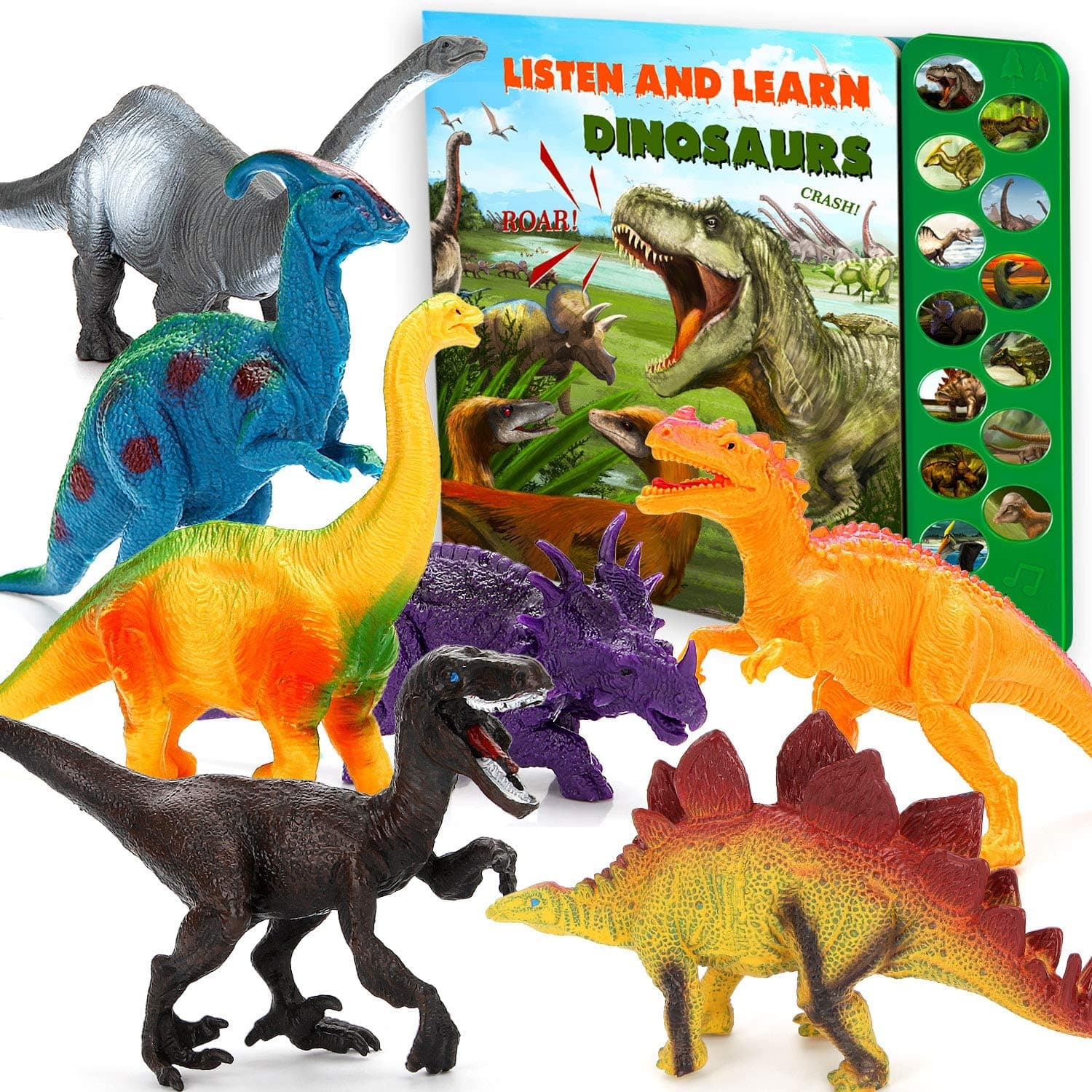 Dinosaur Toys for Boys and Girls - 21 Packs Realistic Dinosaurs Figures with Sound Book, Trees and Rocks, Including T-Rex Triceratops Velociraptor, Best Gifts for Kids (Dinosaur Toys with Sound Book)