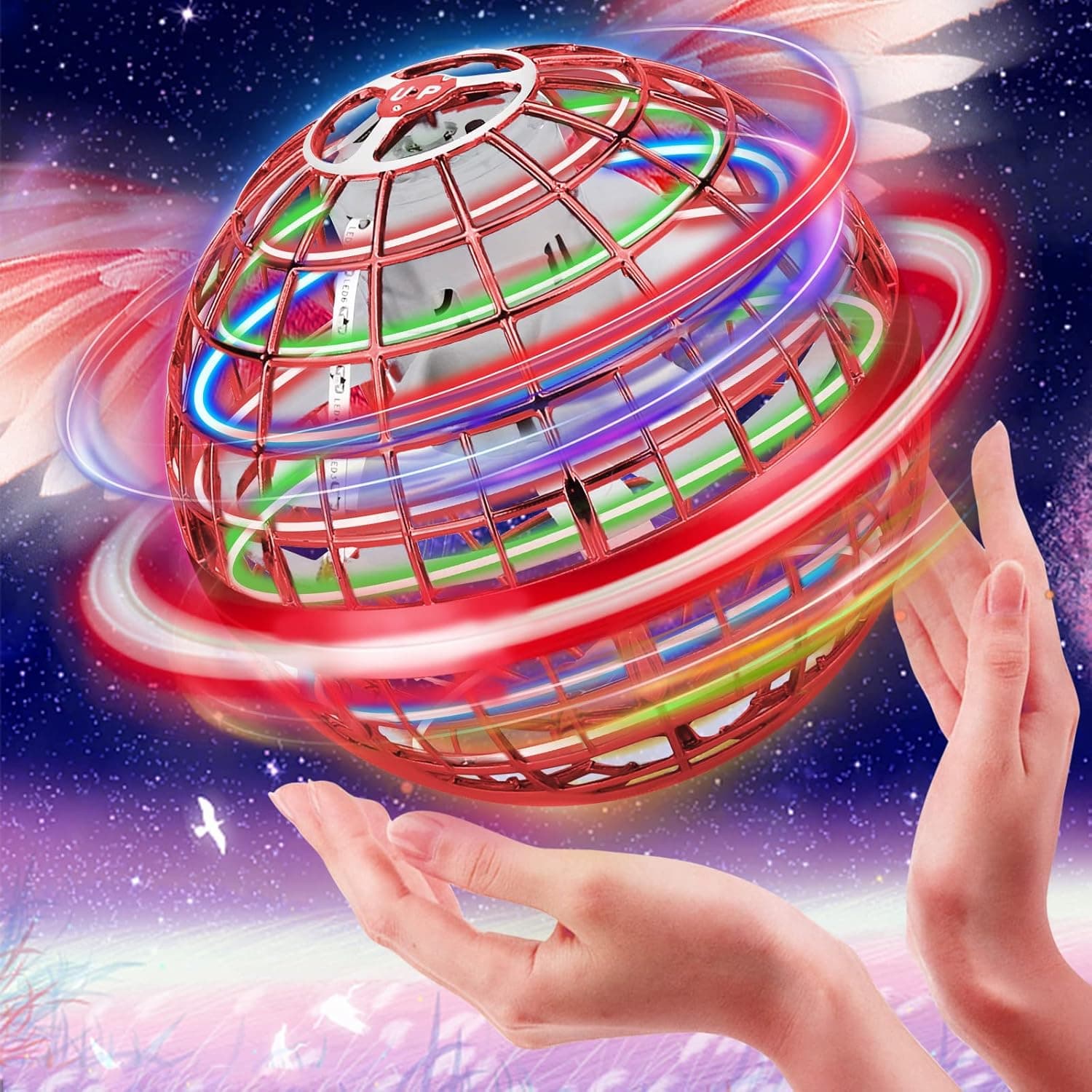 TOKFUN Flying Ball Toys, Spinner 360Degree Rotating Built-in LED Cool Orb Toy, Indoor/Outdoor Mini Drones Fly Space Toy Globe Shape Magic Controller Safe Gift for Kids or Adults Orb-blue