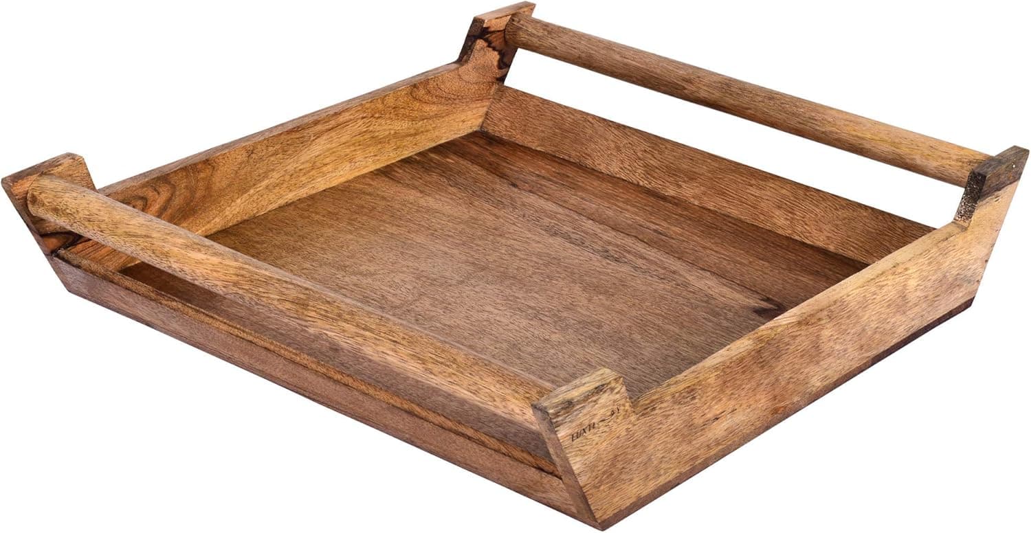 Handmade 100% Wood Serving Tray - Ottoman Tray with Craft Bar Handles - Mango Wood Home Décor - Large Square 13.8 x 13.8 x 3 inches