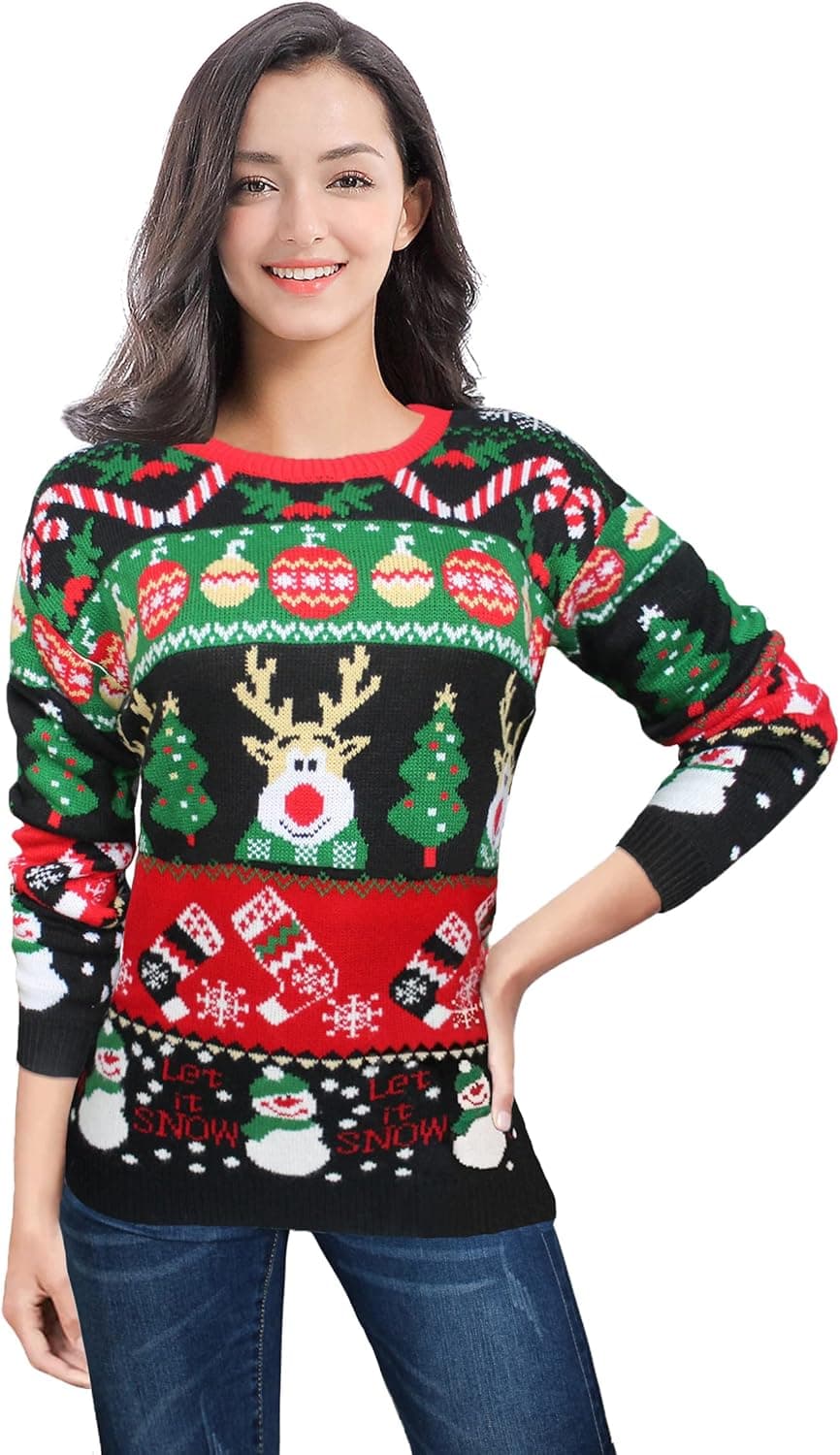 v28 Women Varied Ugly Christmas Sweater Merry Reindeer Shirt Knit Pullover