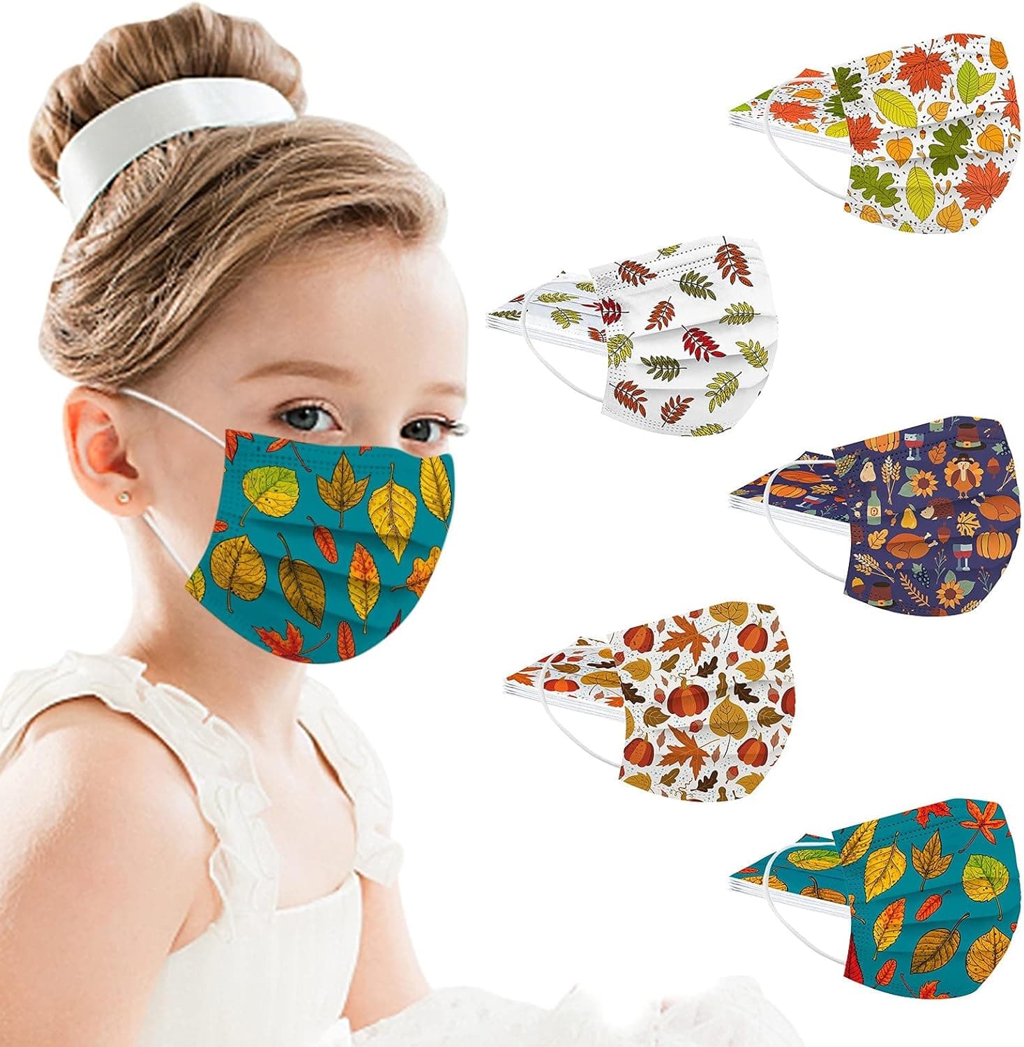 50PC Thanksgiving Disposable Face_Mask for Kids with Fall Printing Designs, 3Ply Breathable Face Protection