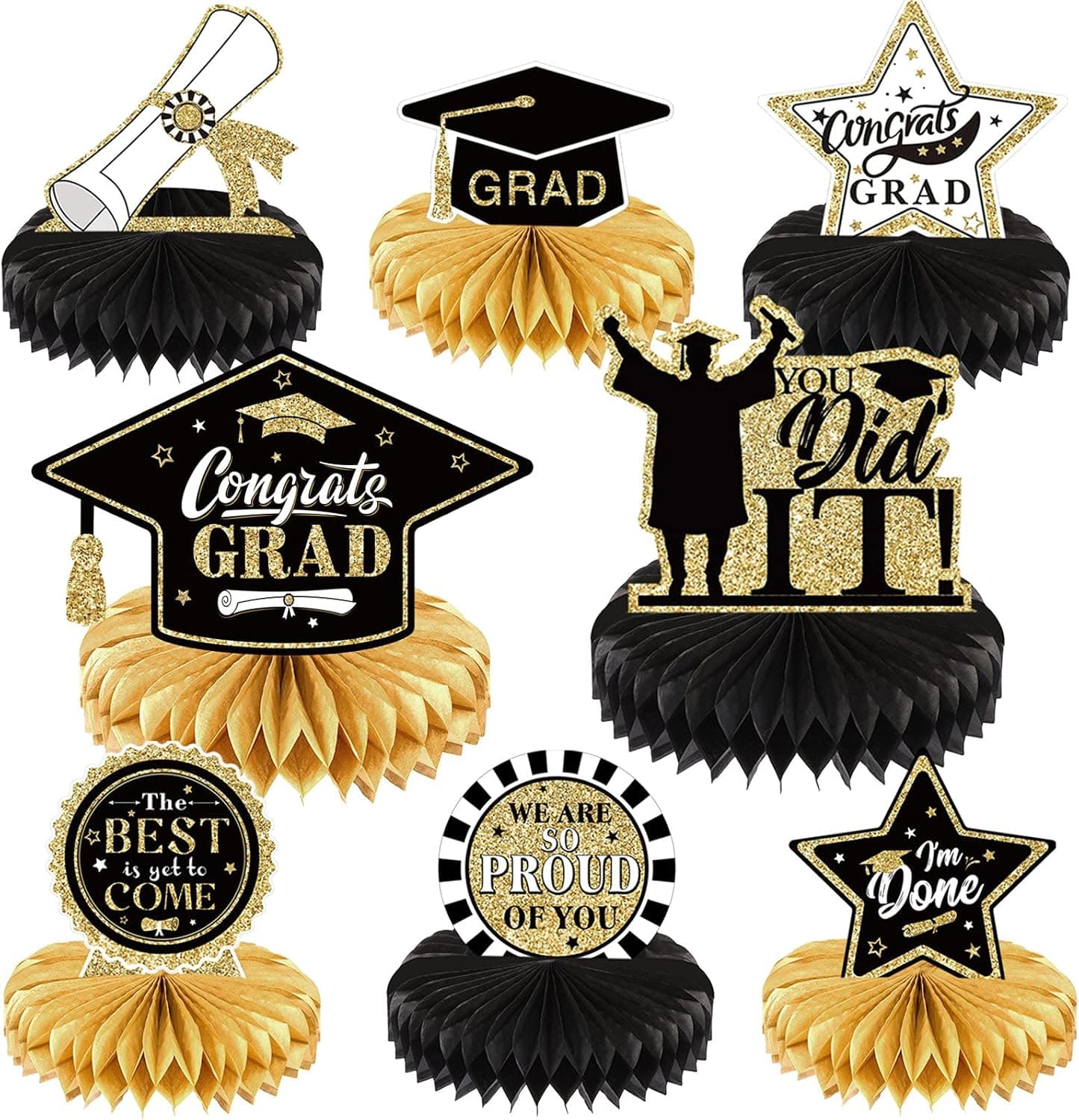 Outus 2021 Graduation Party Decorations Supplies Congrats Grad Honeycomb Centerpieces Congratulate Graduation Table Toppers for Graduation Party Favor Photo Booth Props Black Gold, 8 Pieces