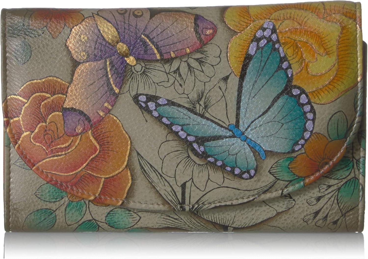 Anna by Anuschka Women's Geniune Leather Hand Painted Large Three Fold Checkbook Clutch Wallet - Floral Paradise Tan