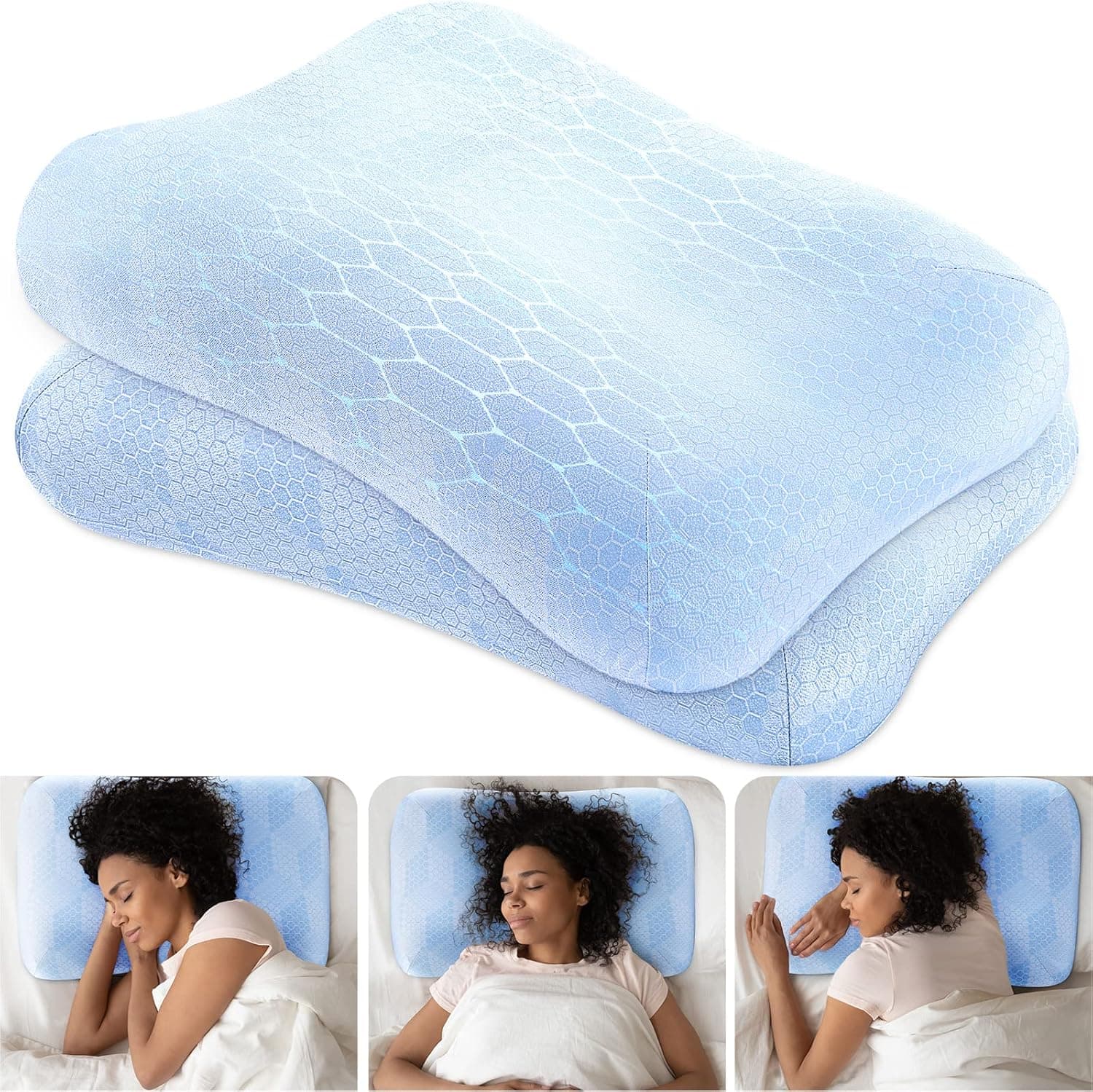 inight Memory Foam Pillows 2 Pack, Contour Pillows for Back Sleepers & Side Sleepers, Cervical Pillow for Neck Pain, Height Adjustable Pillows, CertiPUR-US-Blue