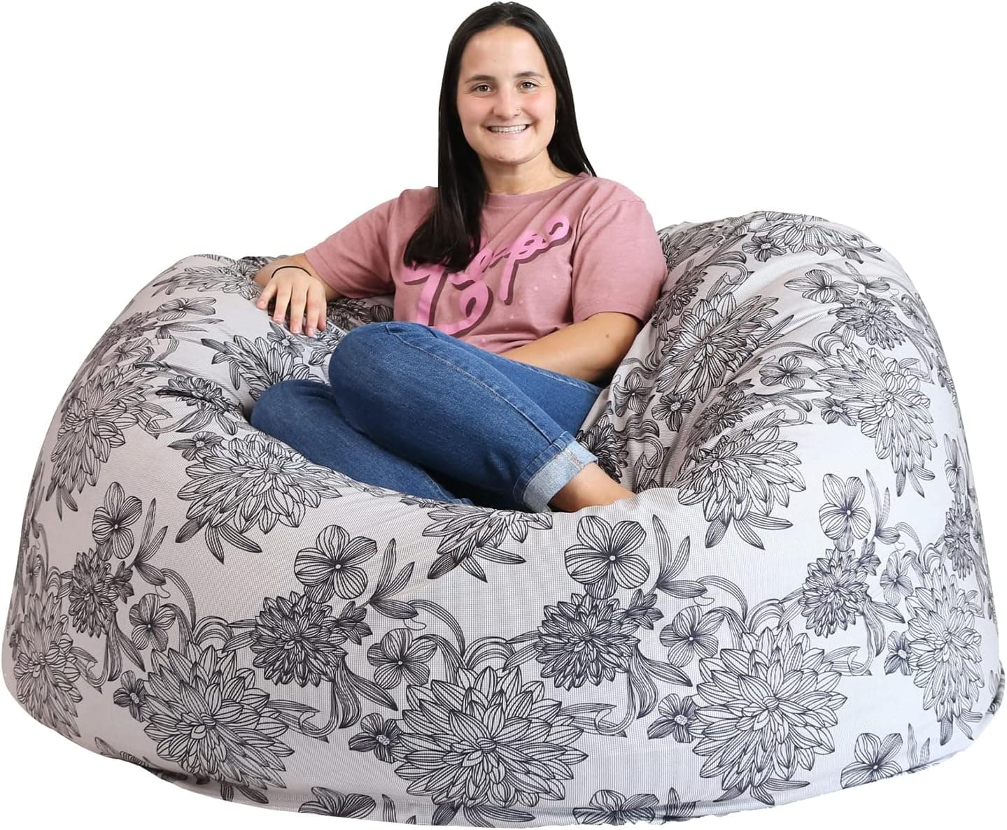 Sackies Bean Bag, 4ft, Black & Brown Floral Flower Print - Comfy Big Bean Bag Chair Stuffed with Memory Foam for Kids, Teens, & Adults - Furniture for Bedroom, Dorm, & Family Room