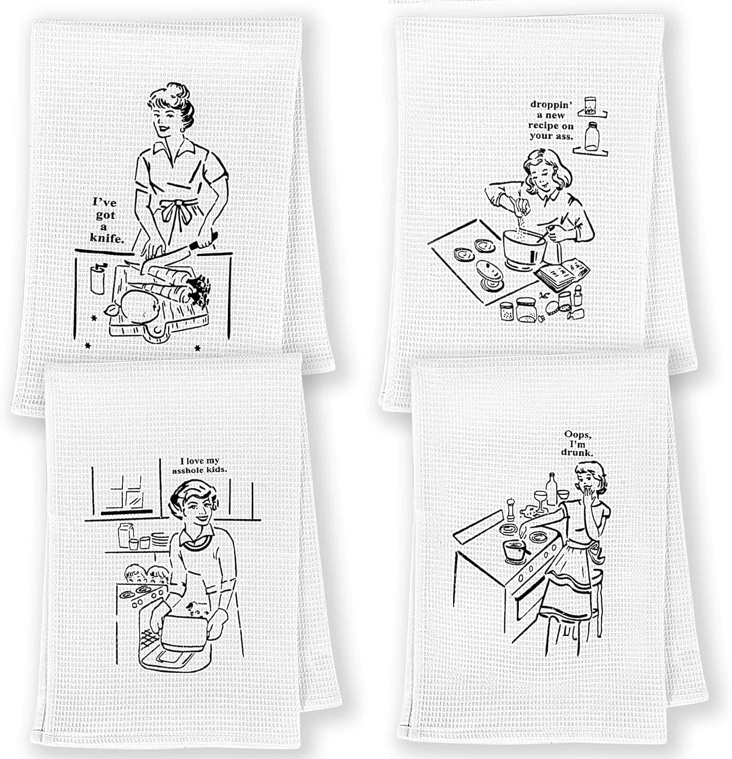 BOMBAXCEIBA Funny Cotton Kitchen Towels Decor-Waffle Weave Kitchen Towels-Kitchen Towels Dish Towels Set-Kitchen Hand Dish Cloths (17 x 25 Inches, Set of 4)