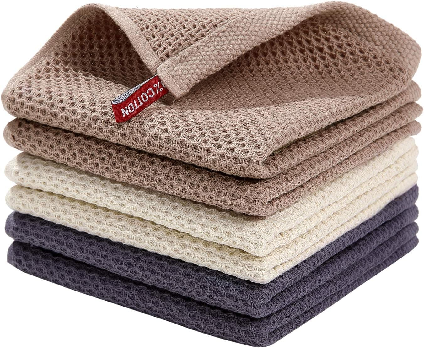 100% Natural Cotton Waffle Weave Kitchen Towels, Ultra Absorbent Quick Drying Dish Cloths, Soft Comfort Tea Towel - Great for Household Cooking Cleaning, 6pc/Set Washcloths