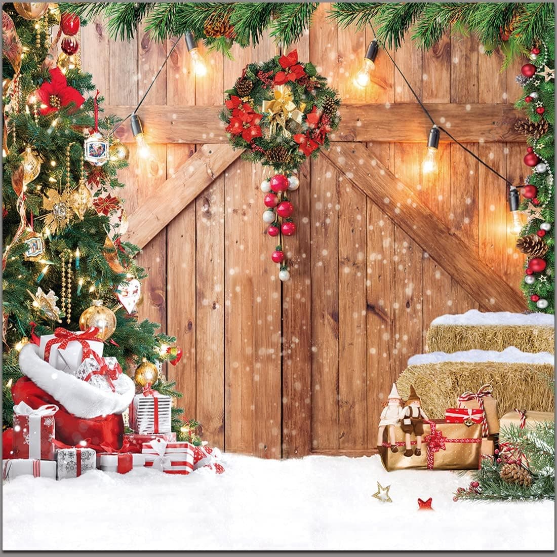 CYLYH 8x8FT Christmas Barn Wood Door Photography Backdrop Xmas Tree Snow Gift Wall Floor Party Photo Background for Holiday New Year Party Banner Family Holiday Party Supplies D554