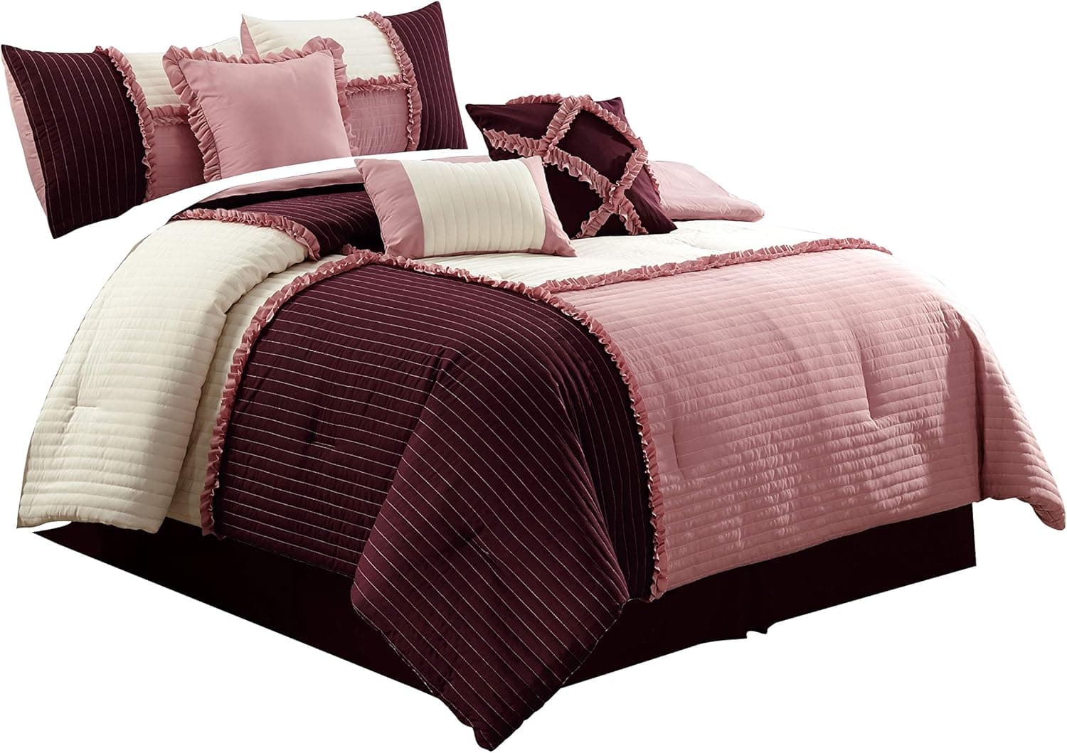 Chezmoi Collection Com Emiko by Luxury Ruffles Patchwork Rose Pink/Burgundy/Ivory Bedding Comforter Set, Queen