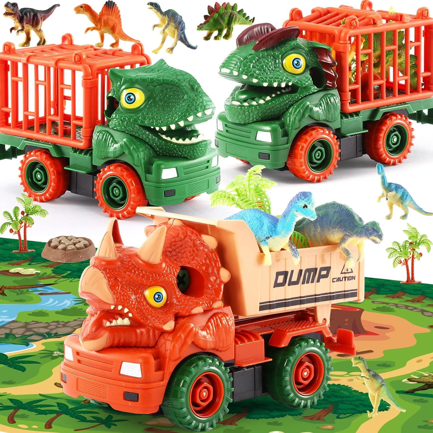 Dinosaur Toys for Kids 3-5, Monster Trucks Playset, Dinosaur Transport Toy Trucks with Dinosaur Figures, Playmat, Take Apart Dino Truck Birthday Toys for 3 4 5 6 7+ Year Olds Kids Boys