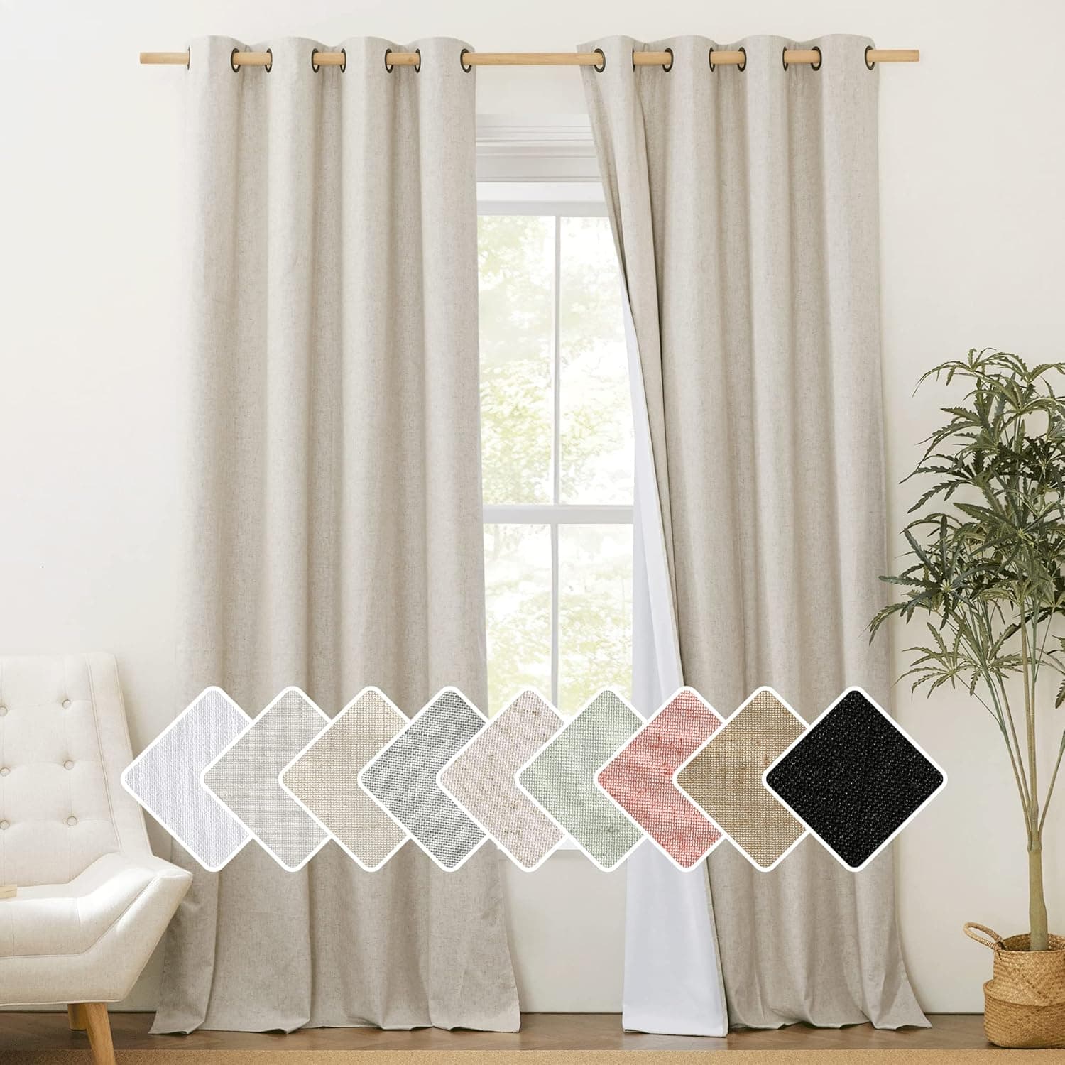 NICETOWN 100% Blackout Natural Linen Curtains 95 inches Length with Thermal Insulated Liners, Farmhouse Style Room Cooling Bedroom Living Room Burlap Window Draperies (2 Panels, 52 inches W)