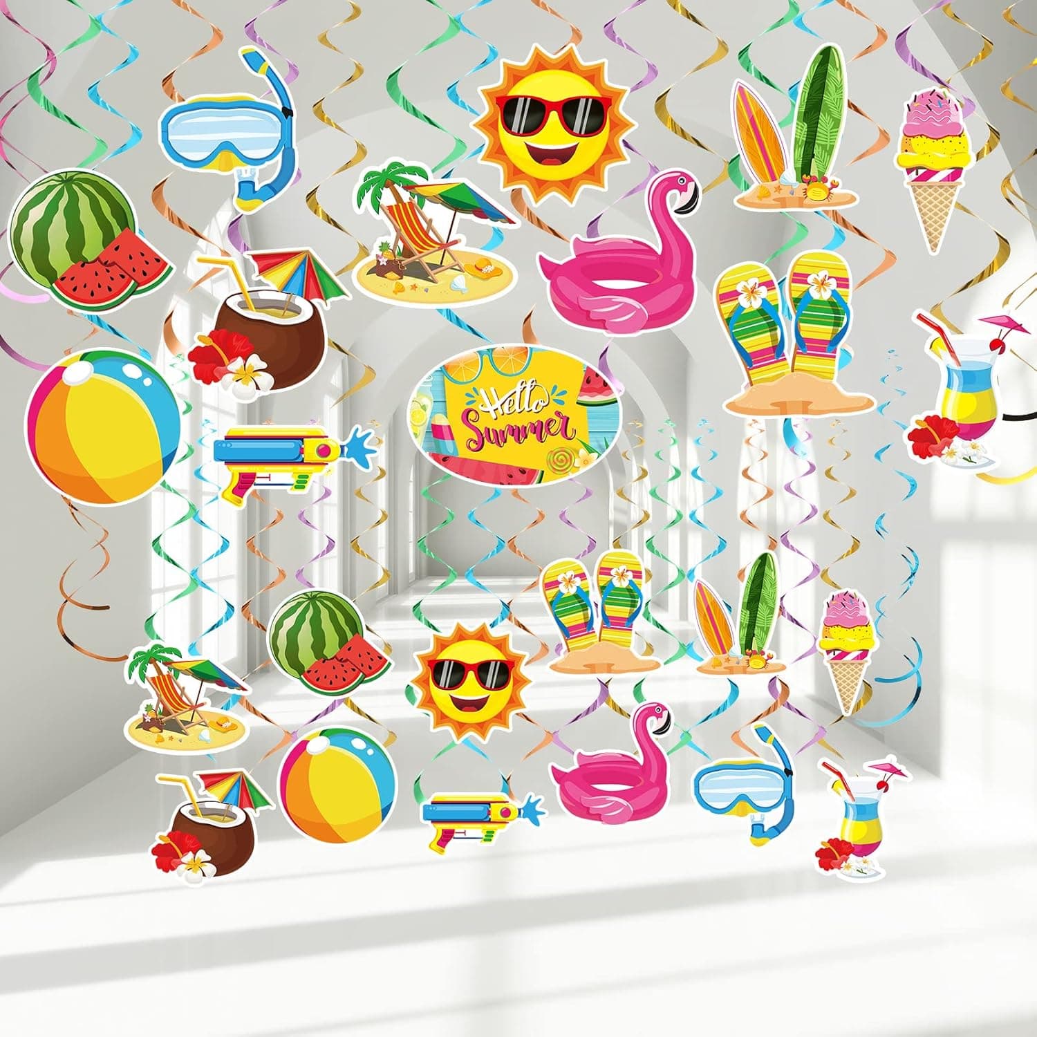 Pajean 30 Pcs Summer Pool Party Hanging Swirls, Summer Ceiling Hanging Decor, Beach Hanging Swirl Decor for Kidss Kids Summer Beach Tropical Hawaiian Luau Birthday Party Favors Supplies