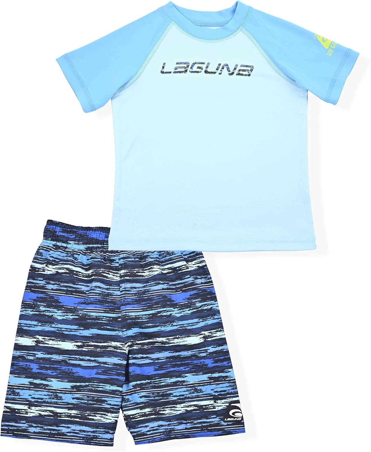LAGUNA Boys Swimsuit 2 Piece Swim Set - Short Sleeve Rashguard Shirt and Bathing Shorts Swimwear - UPF 50+
