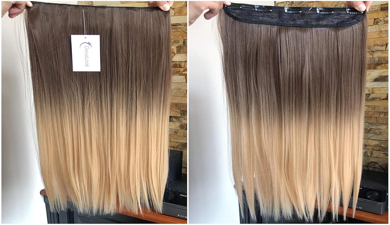 17" Half Head Ombre Straight Clip in Hair Extensions Hairpieces for Women Girl 5 Clips 4.2 Oz per Piece (17 inch, straight, Chocolate brown to sandy blonde)