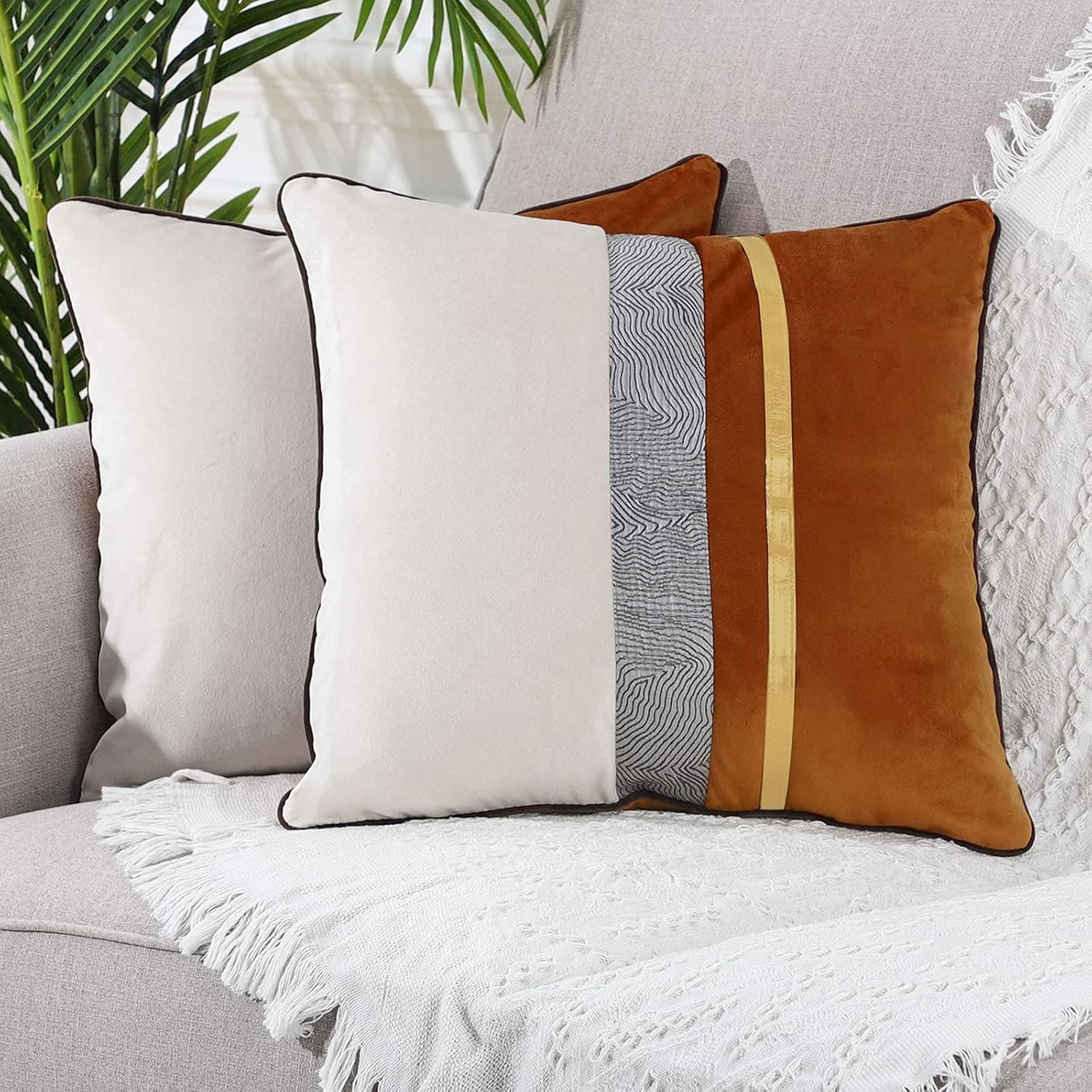 Yaertun Pack of 2 Patchwork Velvet Square Decorative Throw Pillow Cover with Gold Striped Leather Cushion Cases Modern Luxury Pillowcases for Couch Sofa Bed 22x22 Inches Orange