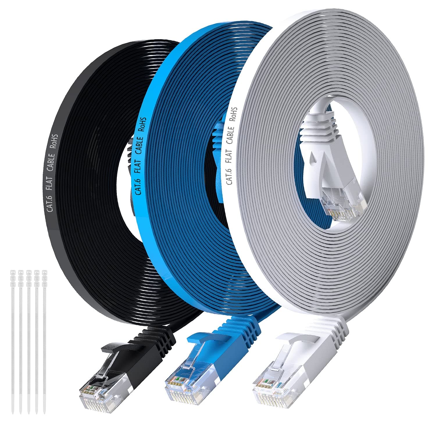 Adoreen Cat6 Flat Ethernet Cable 50 Feet/3 Pack, High Speed Slim Patch Cable(0.6ft to 50ft), Pure Copper Wire,10Gigabit 500MHz,Thin and Flexible,Cat 6 Cat5e Cat5 Network Ether Cable with 15 Ties
