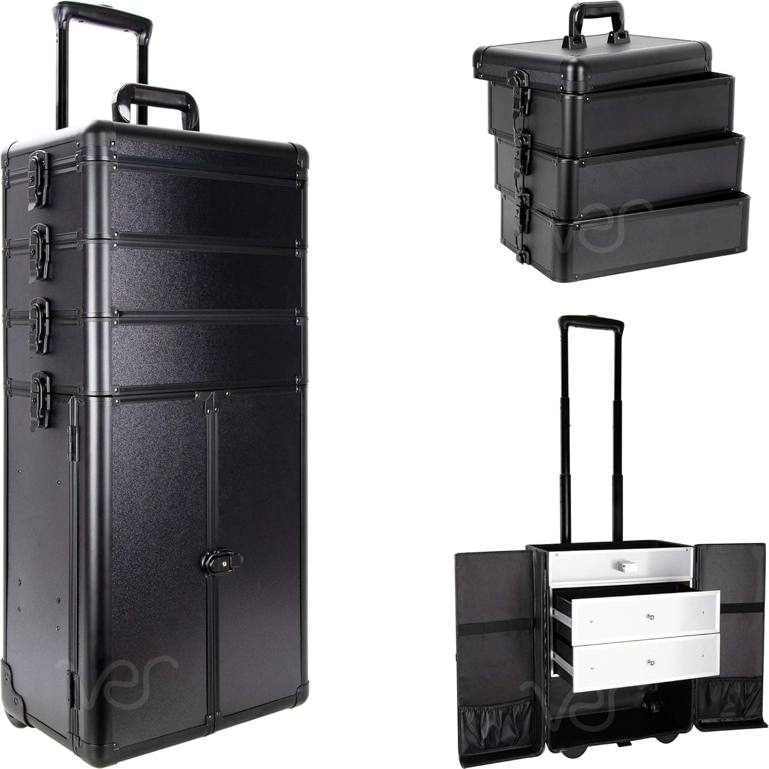 Sunrise I3366PPAB Black Matte Professional Rolling Aluminum Cosmetic Makeup Craft Storage Organizer Case French Door Opening with Large Drawers and Stackable Trays with Dividers